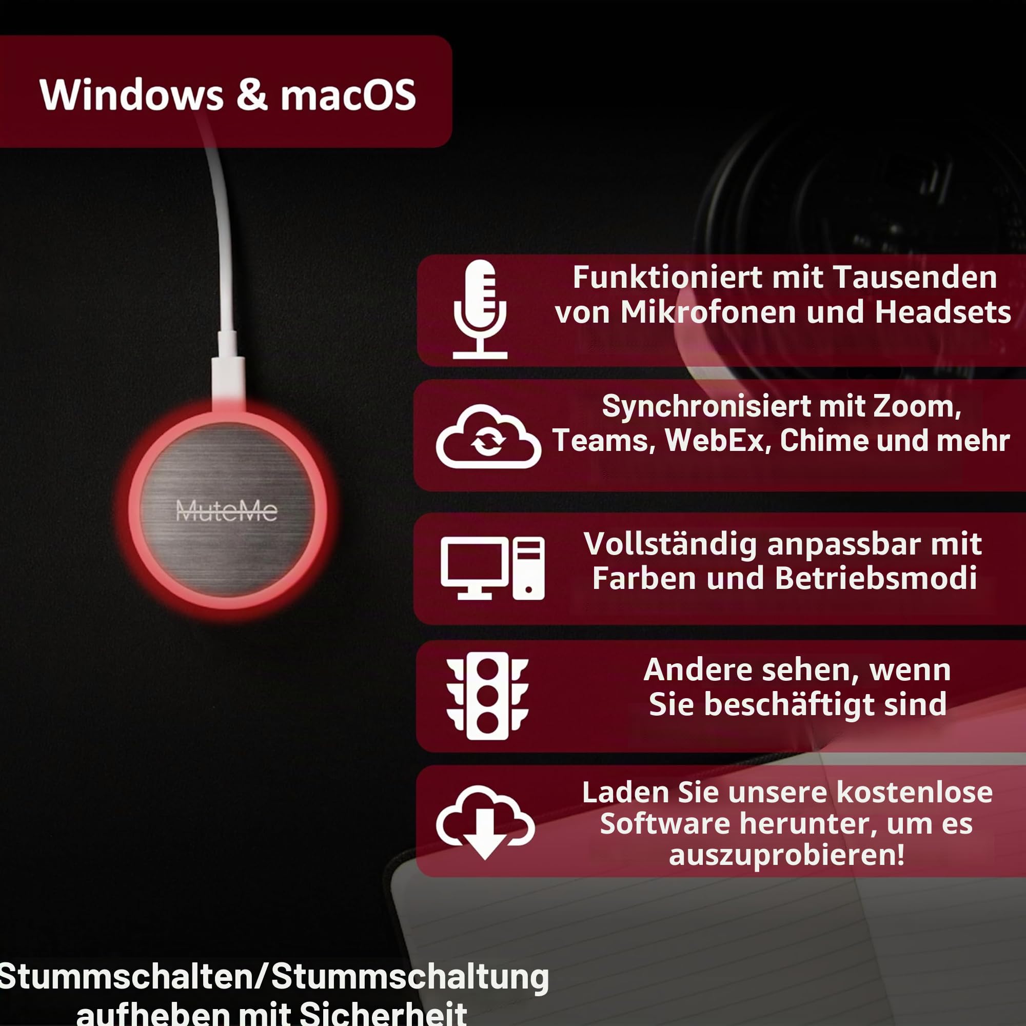 MuteMe, WebEx und mehr (wie bei Shark Tank), kompatibel mit Mac/PC. USB-Kabel und Adapter im Lieferumfang enthalten. Kostenloser Software-Download erforderlich.