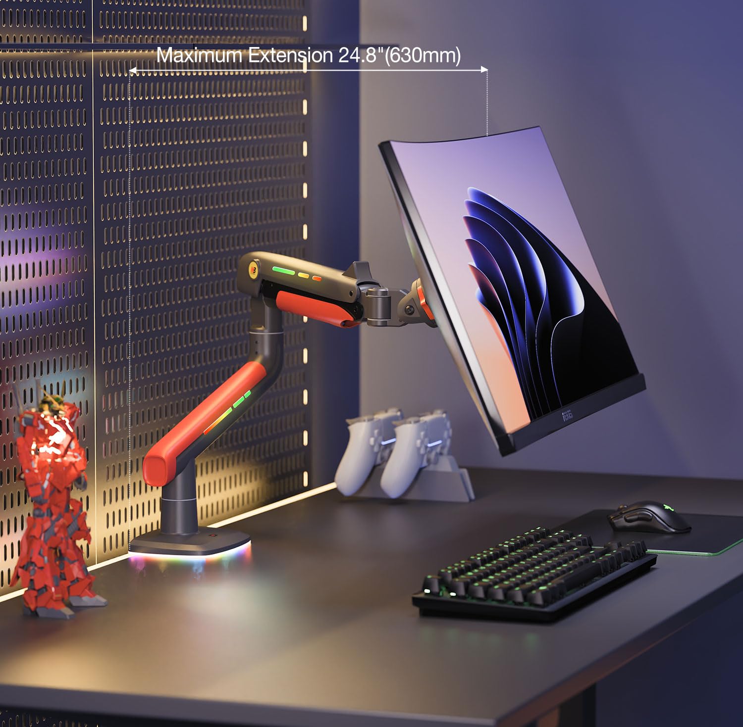 NB Ergonomic RGB Braccio Monitor per da 32 a 60 Pollici Schermo Piatti Ultrawide Curvi, Supporto per Monitor Resistente Carico fino a 20 kg VESA 75&100 mm (Rosso)