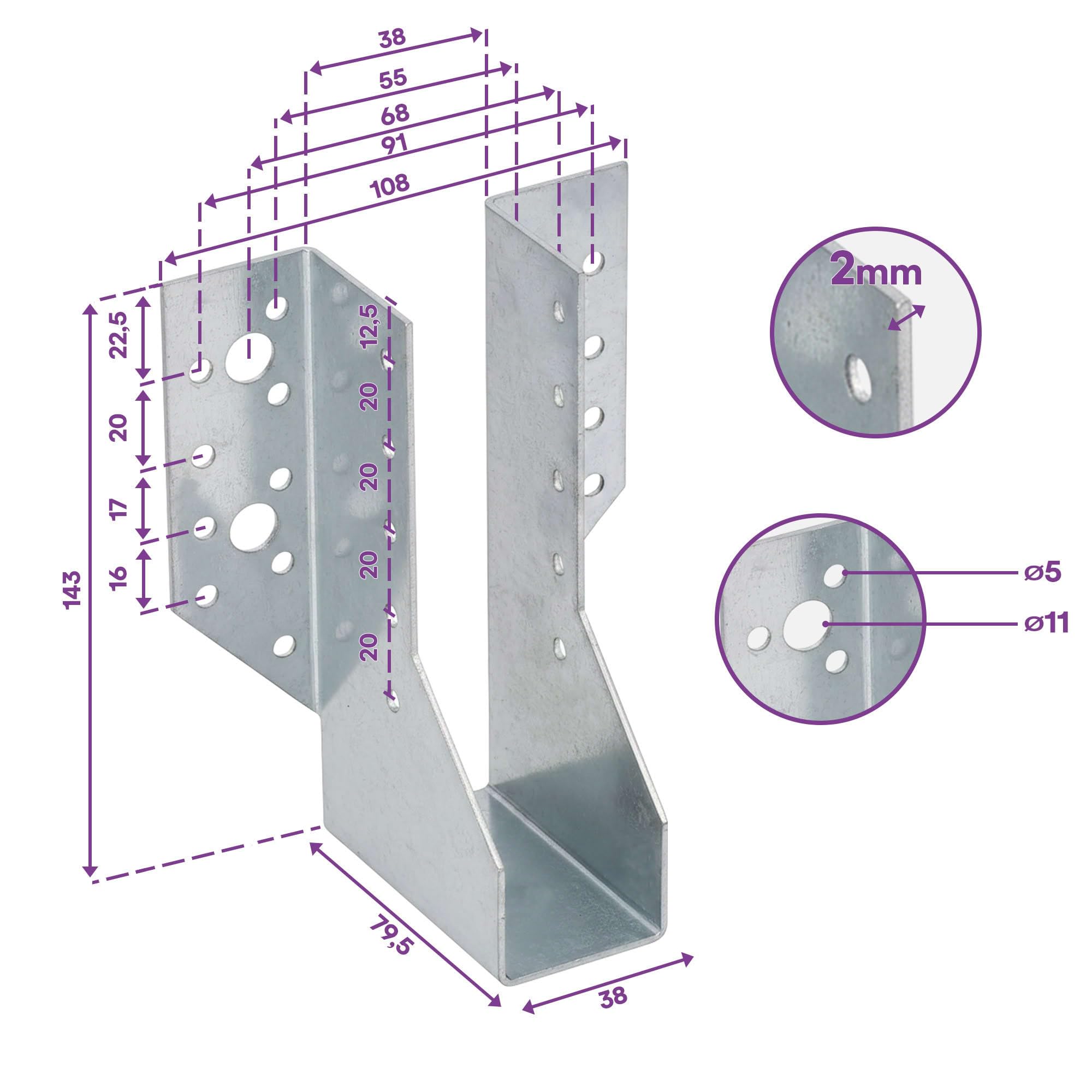10 sabots de charpente à ailes extérieures - Connecteurs de poutres - Acier galvanisé - Larg 38 x Ht 143 mm - Fabriqué en Europe