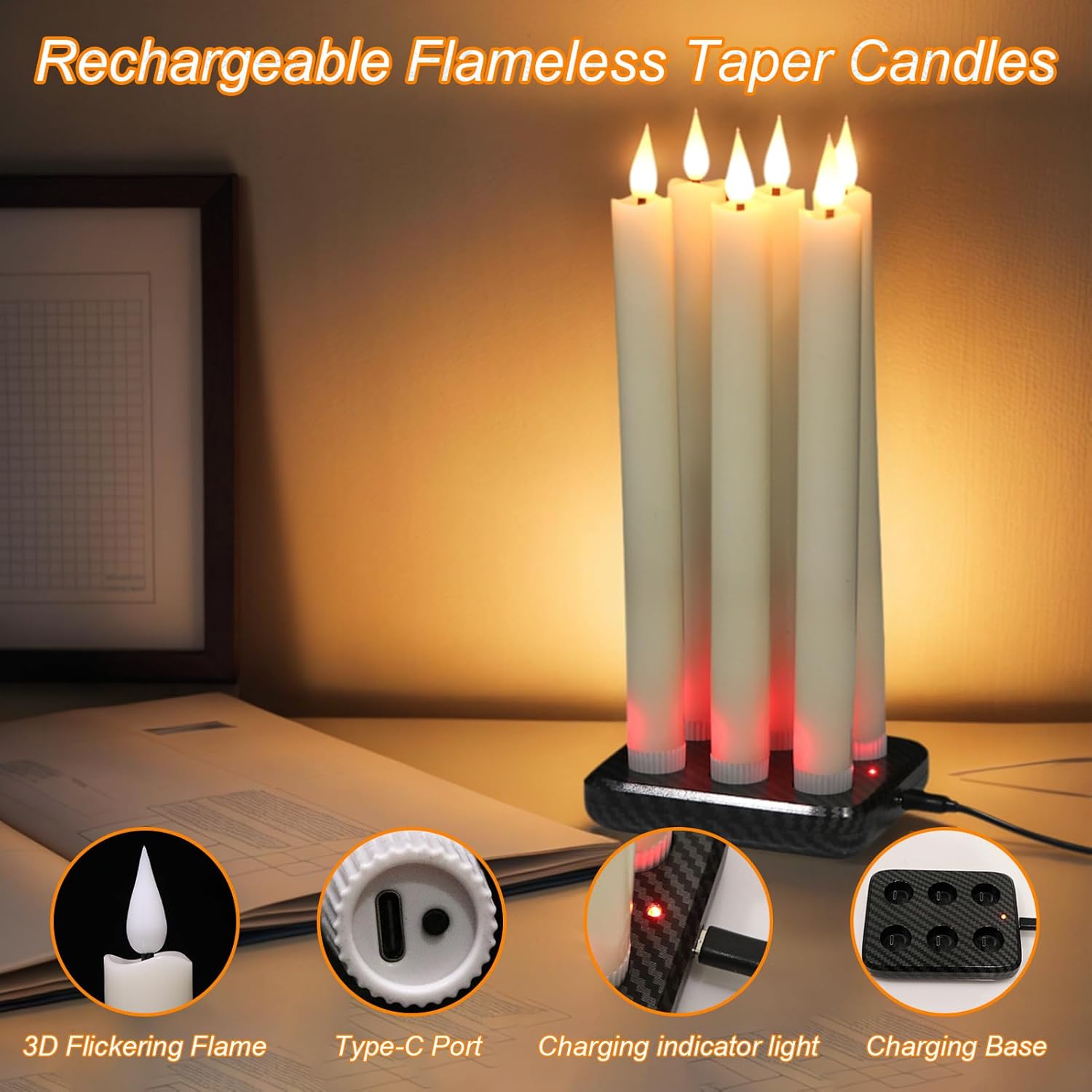 GenSwin Rechargeable Flameless Taper Candles with Charging Base, 6 Pack LED Candles Battery Operated with Remote Timer, Real Wax Flameless Candlesticks for Halloween Christmas Decorations(Ivory) - Image 3
