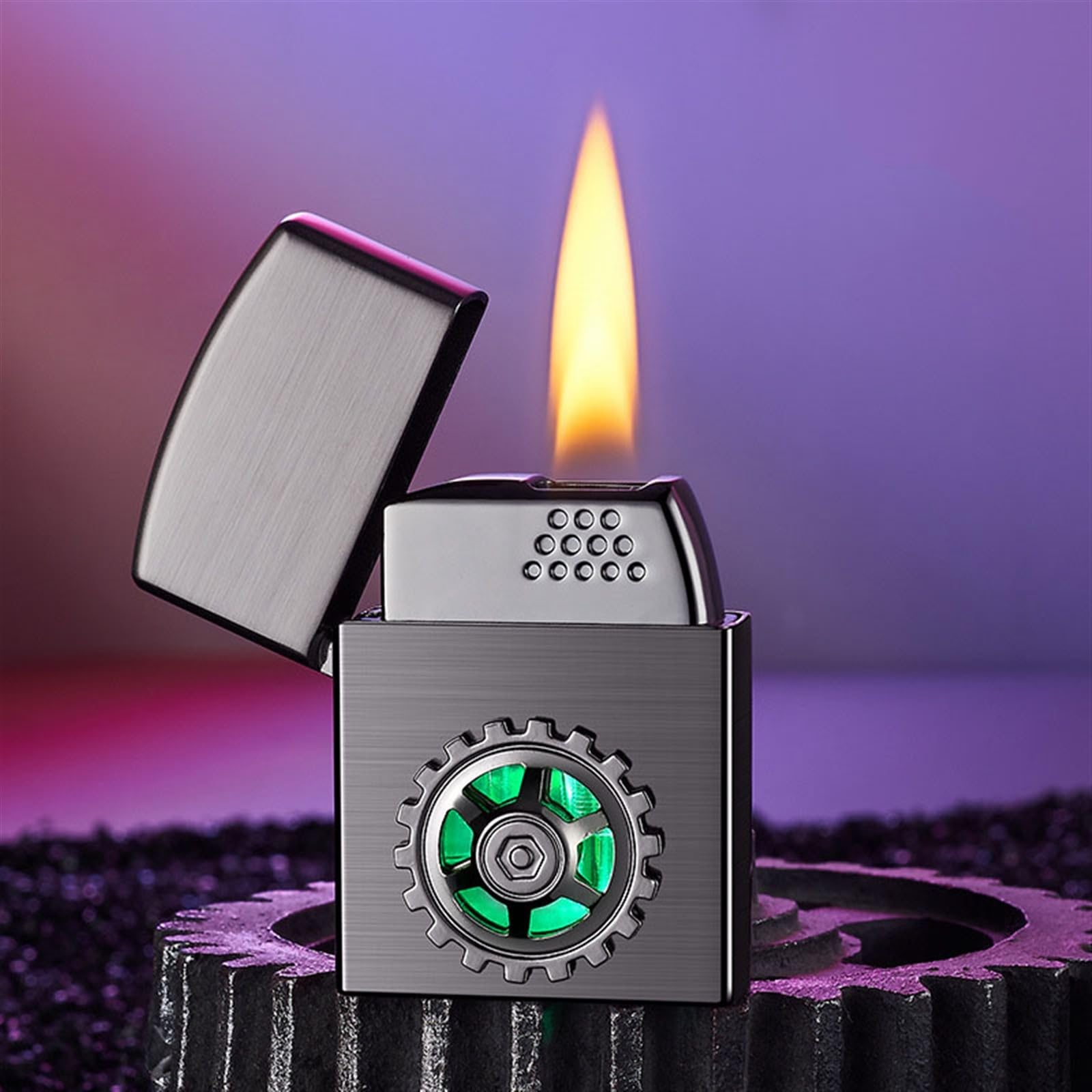 Encendedor de butano recargable de metal con llama ajustable y ventana de gas para camping y velas