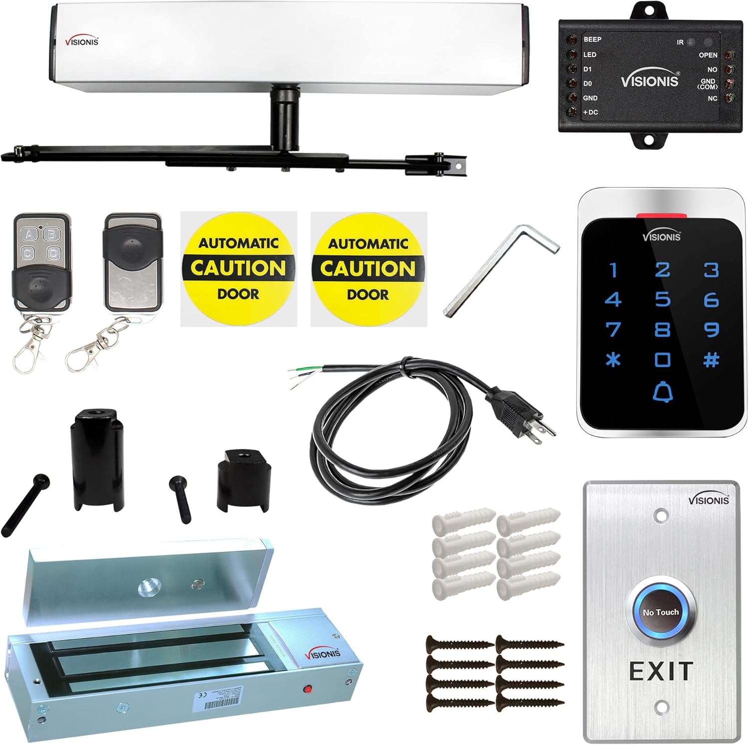 Visionis FPC-7344 Slim Electric Automatic Door Opener + Closer for 440lb Out-Swing Doors + 1200lbs Maglock + No Touch Exit Button + Outdoor Keypad Reader Standalone + Mini Controller + Wiegand 26