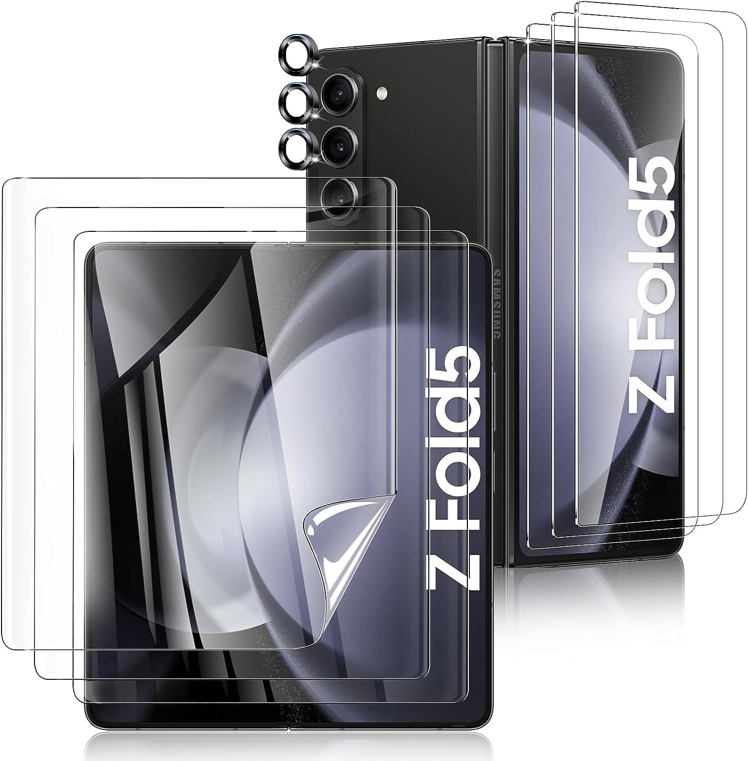 [3+3+3Pack] for Samsung Galaxy Z Fold 5 screen Protector, Inner Screen Flexible Film + Back Screen Protector Tempered Glass + [1 Set] Camera Lens Protector, Z Fold 5 Accessories(Clear, Z Fold 5)