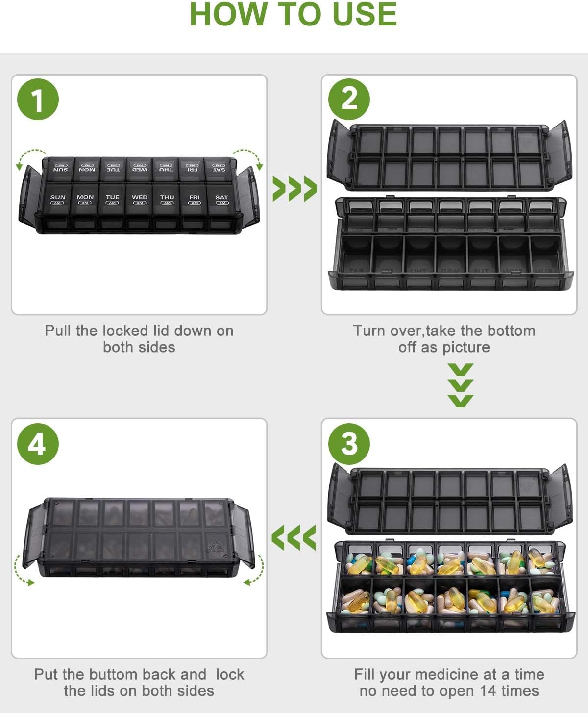Sukuos Weekly Pill Organizer 7 Day 2 Times a Day, Quick Fill Daily Pill Box (AM PM), Extra Large Pill Cases for Vitamin/Fish Oil/Supplements, Arthritis Friendly, Easy to Clean image 2