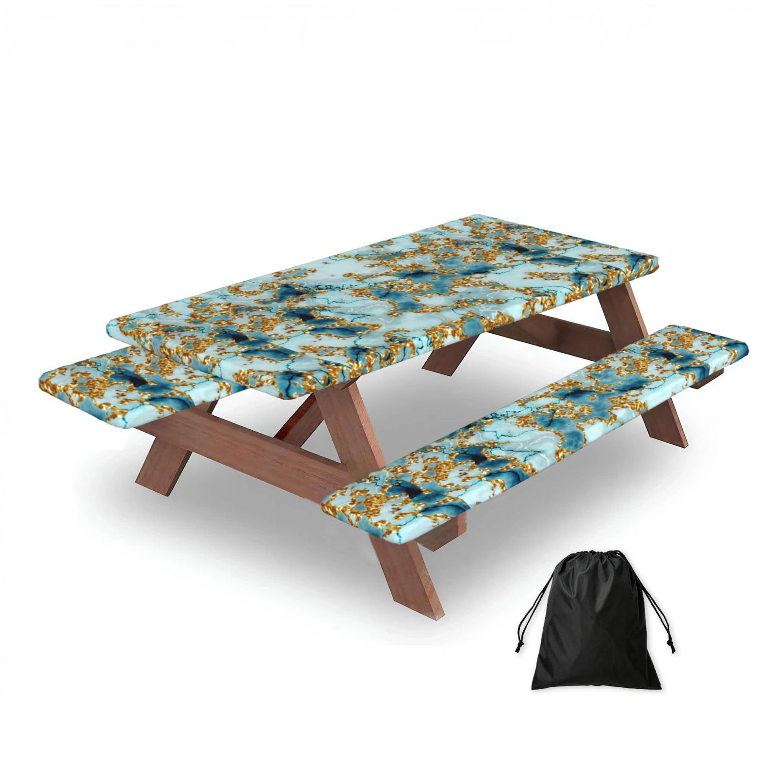 Dopklna As Picture Glitter Gold Teal Marble Textured, Picnic Table Cover With Bench Covers -Waterproof Elastic Fitted Tablecloth For Garden Camping Patio 76X152cm