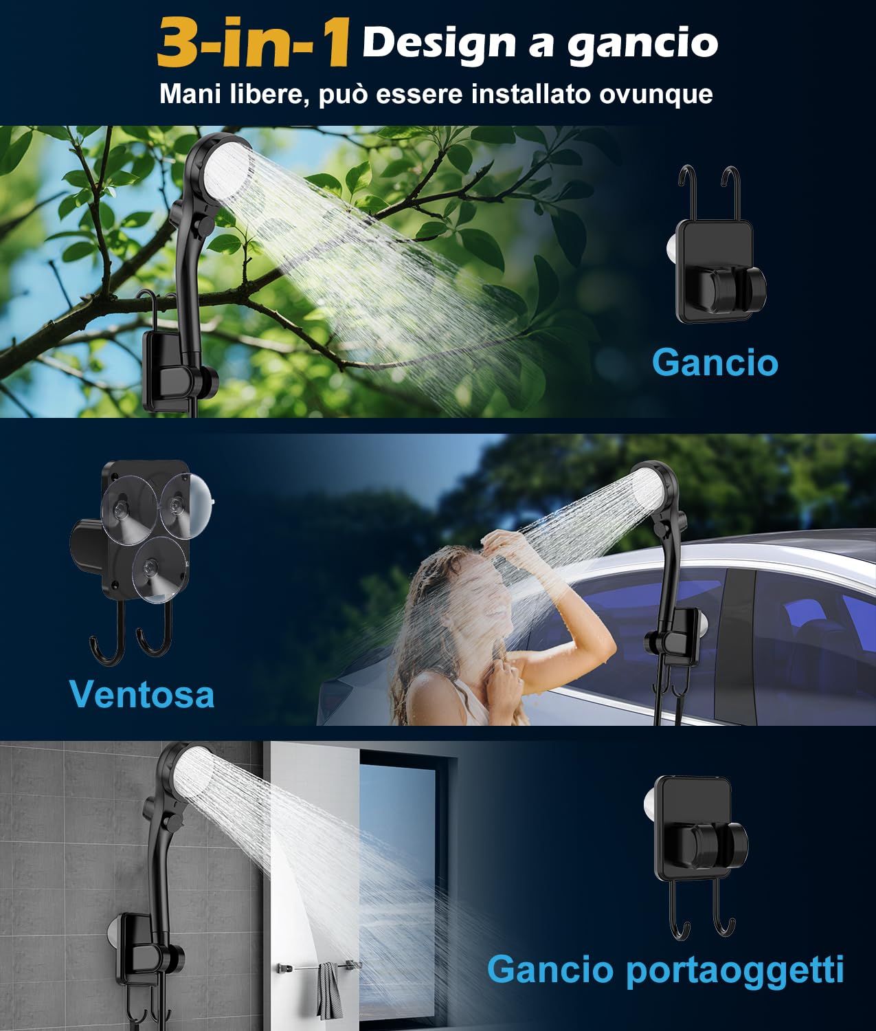 WADEO Doccia da Campeggio, [Luce] [6000mAh] 4 Livelli di Luminosità Regolabili, Batteria Ricaricabile, Doccia Portatile per Spiaggia, Animali, Auto, Giardino
