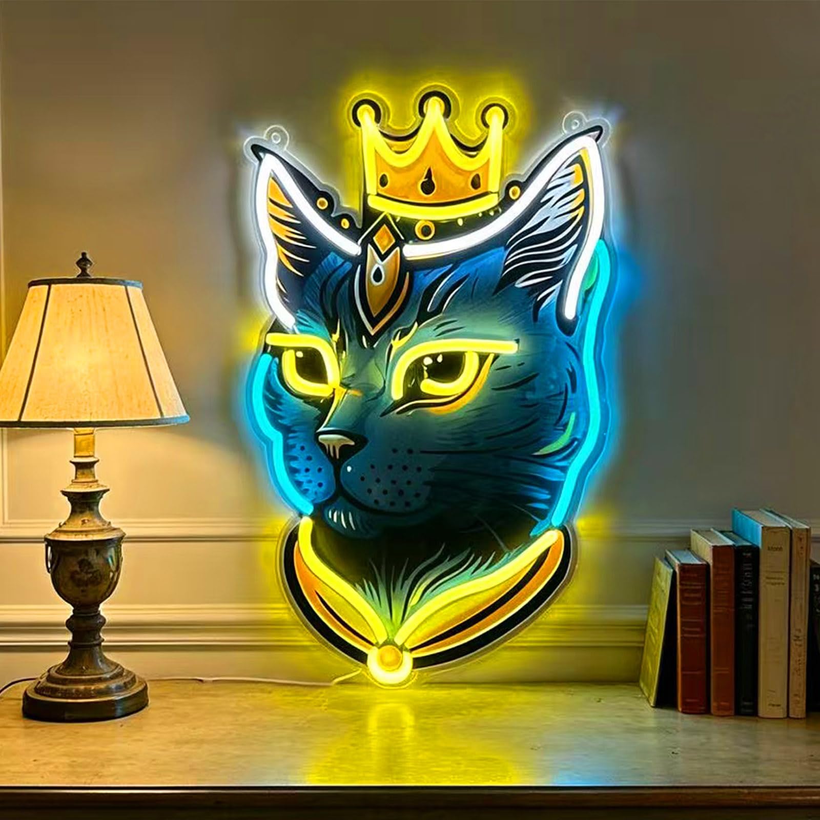 Targa al neon Cat King, regalo per gli amanti dei gatti, decorazione da parete, decorazione per dormitorio, 190 cm, alimentazione USB con regolazione della luminosità a 9 livelli, facile installazione