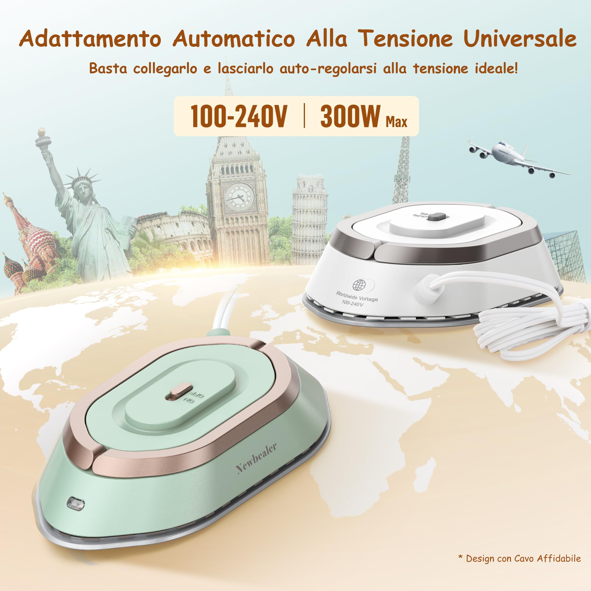 Newbealer Ferro da Stiro da Viaggio, Ferro da Viaggio Mini Portatile Leggera Compatto senza Vapore, Stirare i Vestiti, Tensione Universale 100-240V, Bianco