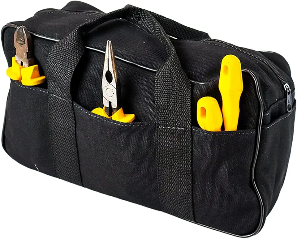 Bolsa com Alça para Ferramentas Máquinas Acessórios com Bolso Externo Nylon Reforçado Costura e Zíper Resistente Eletrecista Mecânico Marceneiro Pedreiro Mala Mochila Leve Prática (Preto)