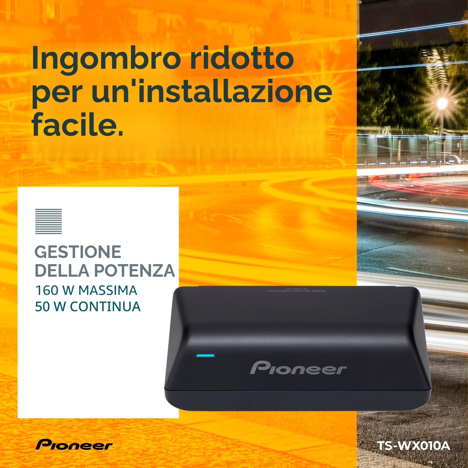 Pioneer Subwoofer attivo TS-WX010A, potente subwoofer con alloggiamento con potenza massima di 160 W, subwoofer 17x8 cm in alloggiamento MDF, membrana IMPP, nero, potenza di ingresso nominale 50 W