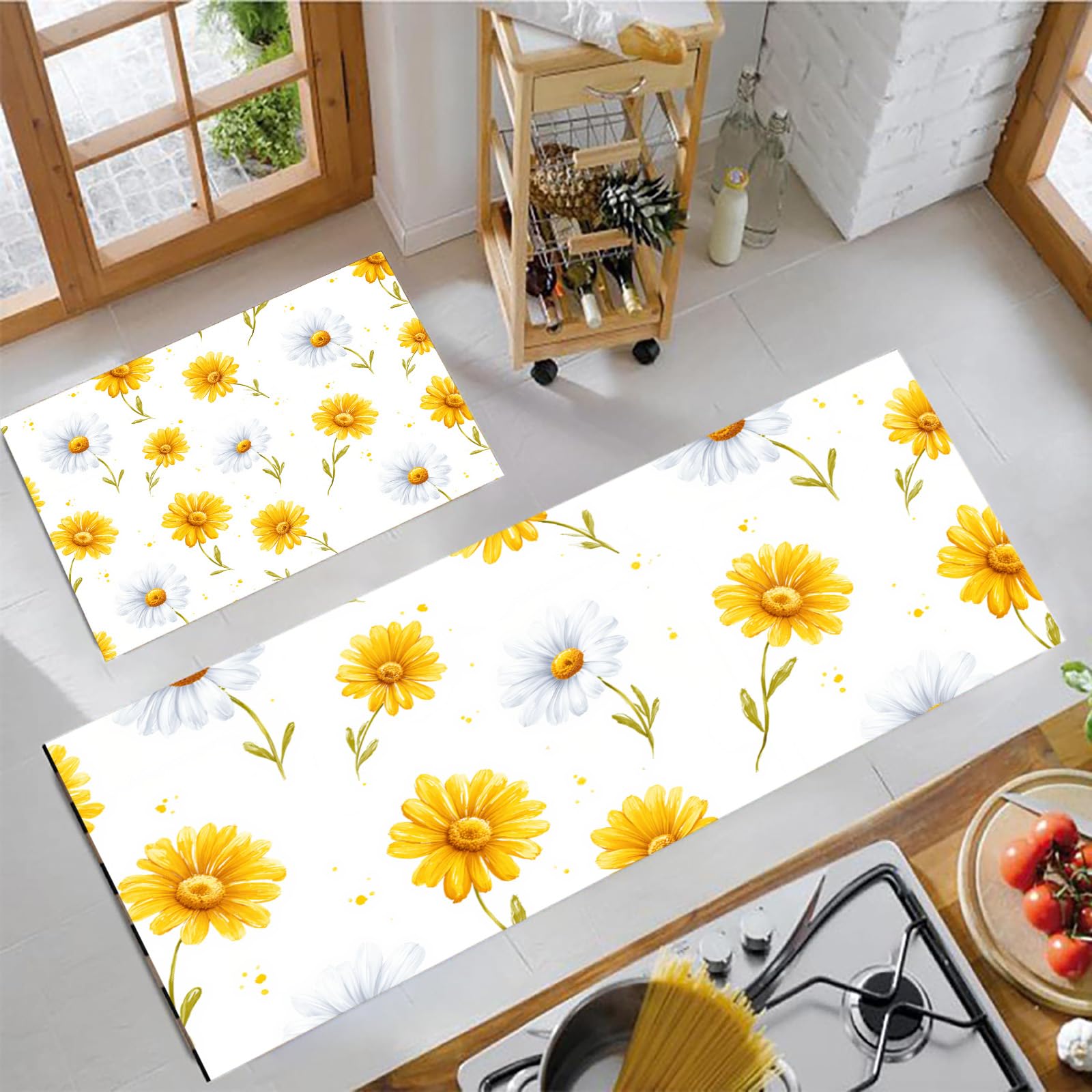 Alfombras de cocina lavables con margaritas amarillas en juego de 2 piezas antiadherentes