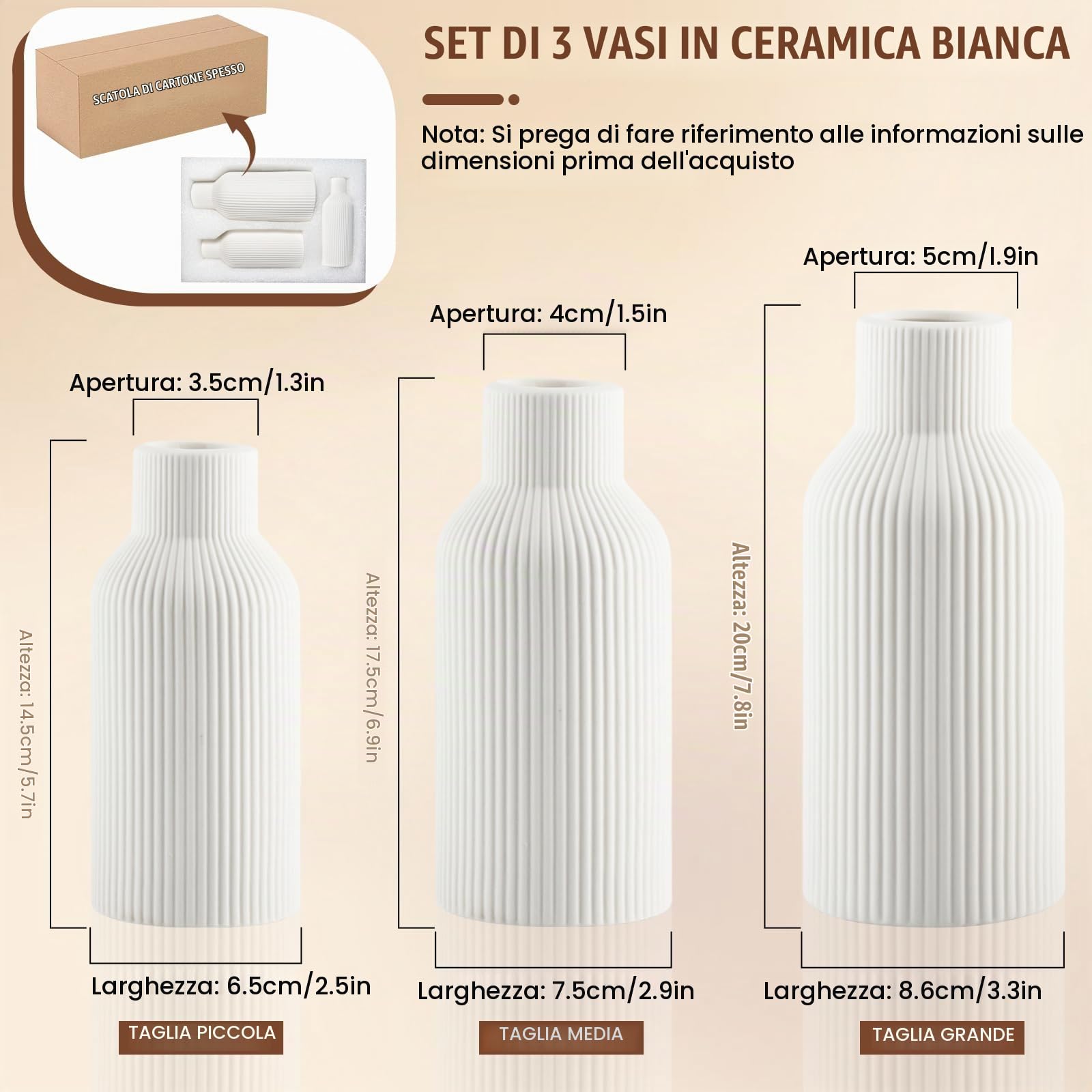 Vaso Fiori FoiiLiio Vaso Bianco in Ceramica Set di 3 (Grande+Media+Piccola) Vasi Decorativi Interno Moderni per Erba Pampa, Fiori Freschi, Fiori Secchi
