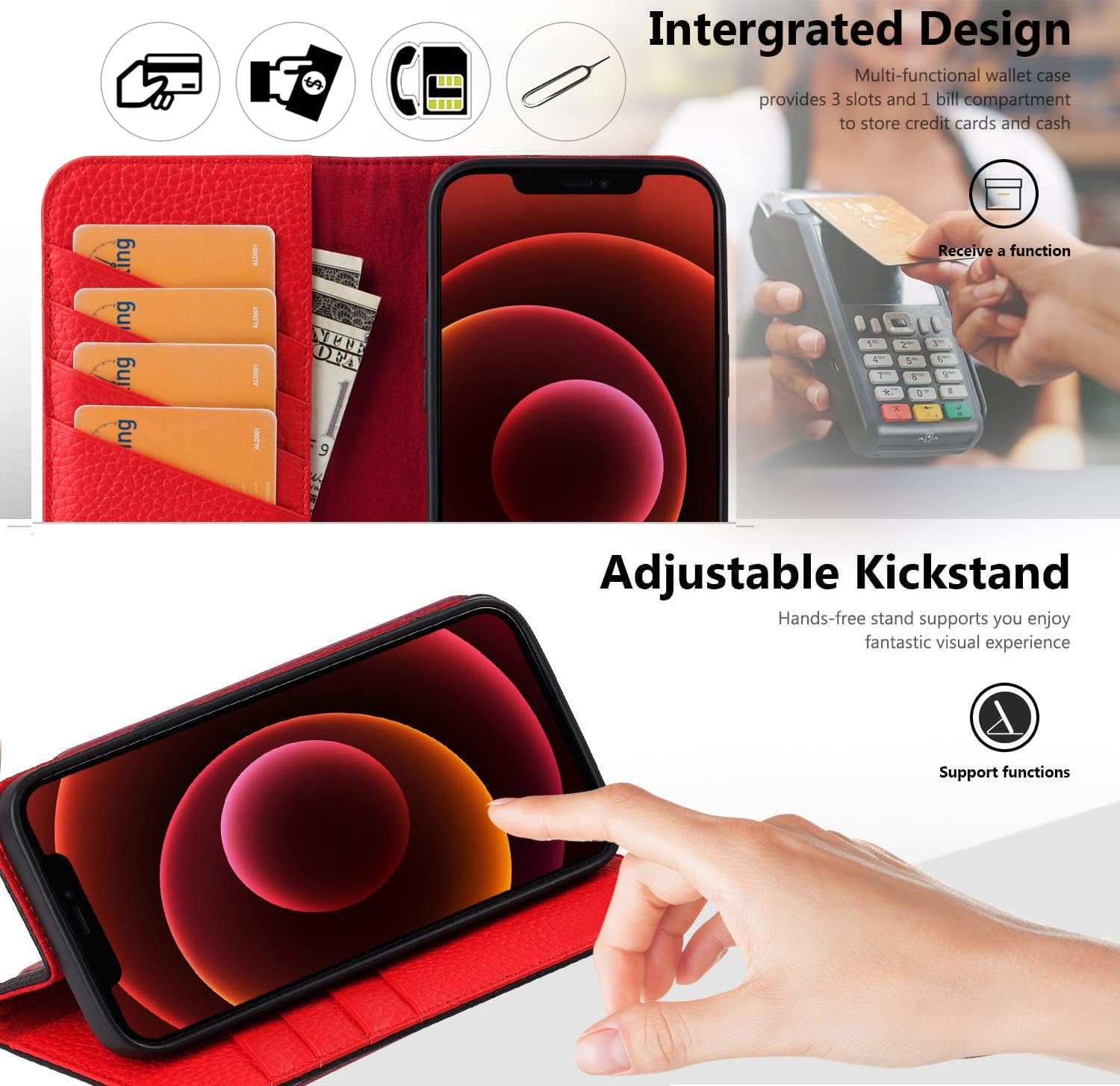 VISOUL Pebbled Genuine Leather Case for iPhone 13 Pro Max Wallet Case with Card Holder Flip Folio Cover with Magnet Kickstand for iPhone 13 Pro Max (6.7")(Black+Red)