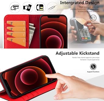 VISOUL Pebbled Genuine Leather Case for iPhone 13 Pro Max Wallet Case with Card Holder Flip Folio Cover with Magnet Kickstand for iPhone 13 Pro Max (6.7)(Black+Red)