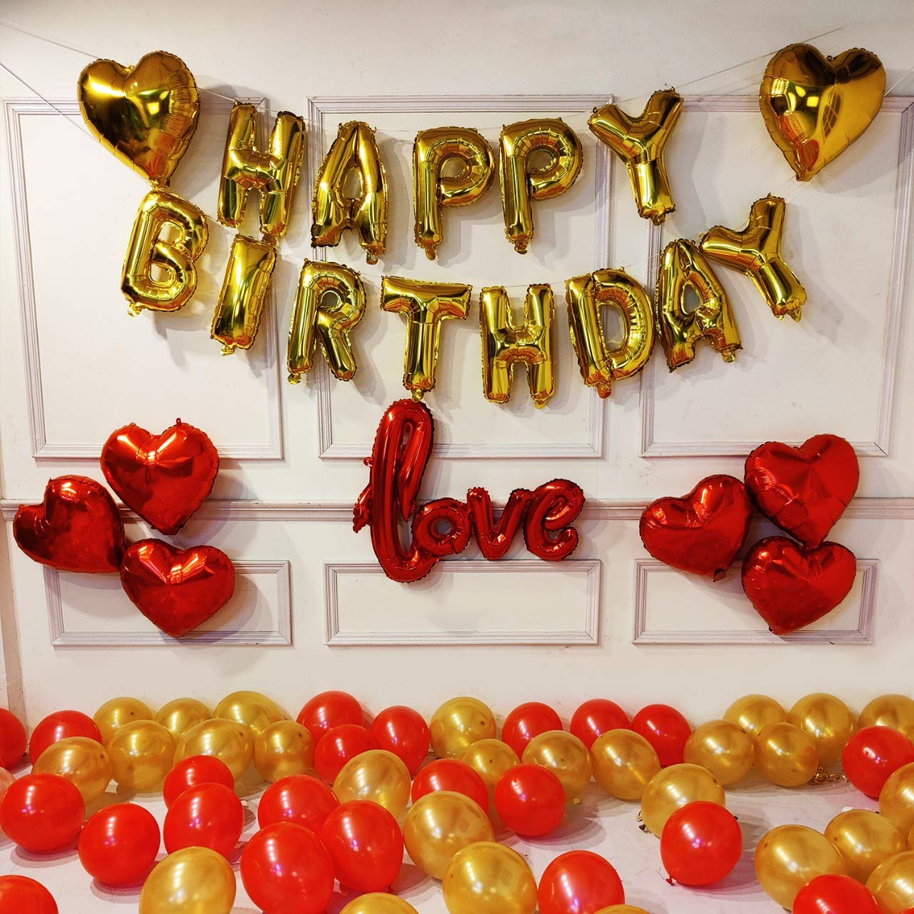 Party Propz Red and Golden Happy Birthday Decoration Set 73Pcs Happy Birthday Foil Balloon Red Golden Heart and Metallic Balloons Arch Glue Dot Combo