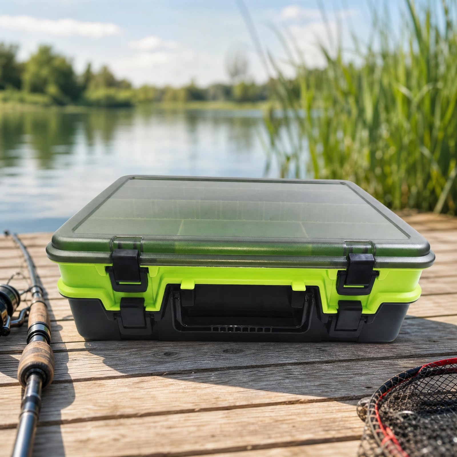 Amagogo Estuche Pesca Resistente con Tapa Transparente y Dos Niveles para Guardar Señuelos Anzuelos y Pesca con Cierre y Asa Acuada para Organizar Utensilios Pesca en Viajes, Negro