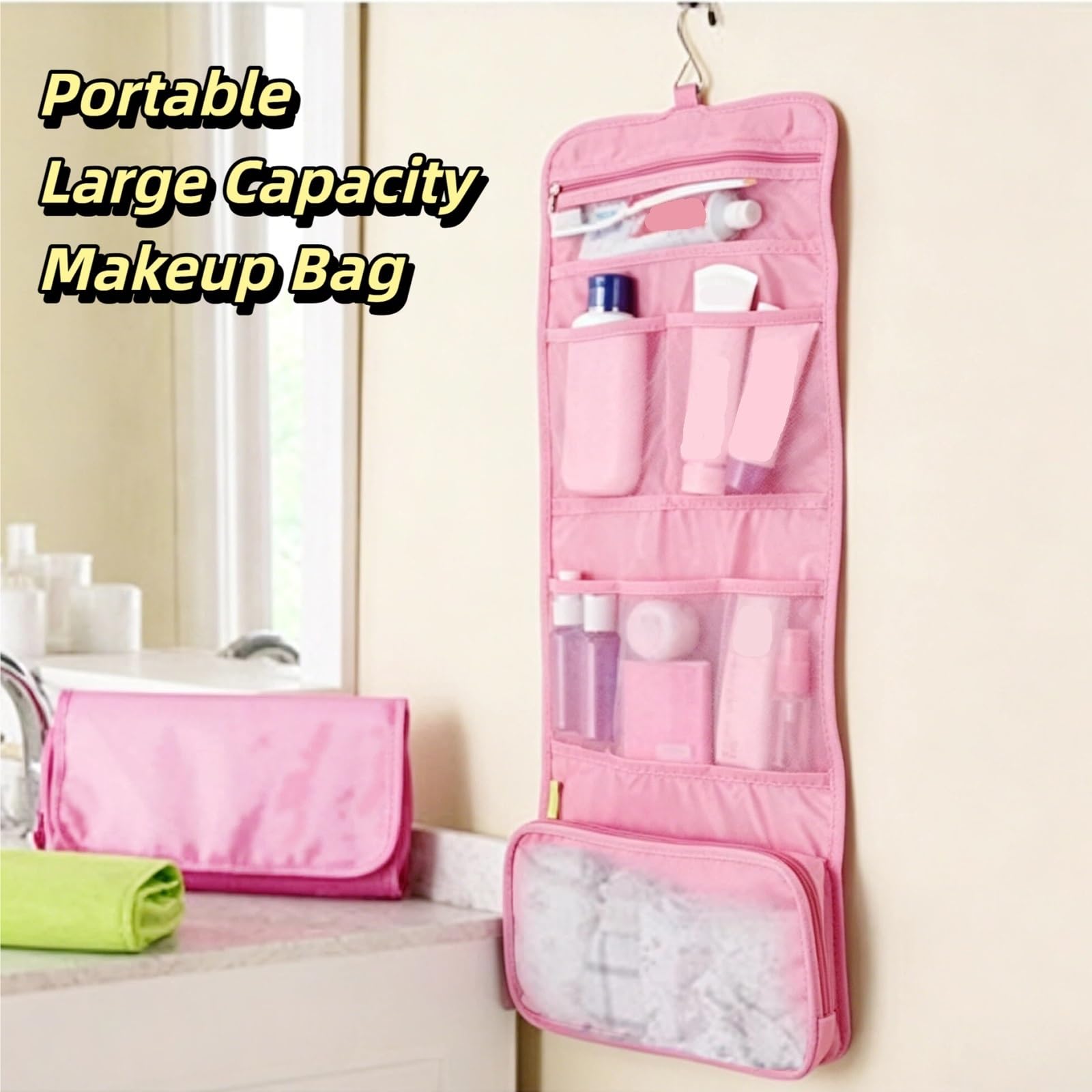 Générique Trousse de toilette Portable avec crochet suspendu, étui maquillage voyage for femmes, sac rangement cosmétiques salle bain