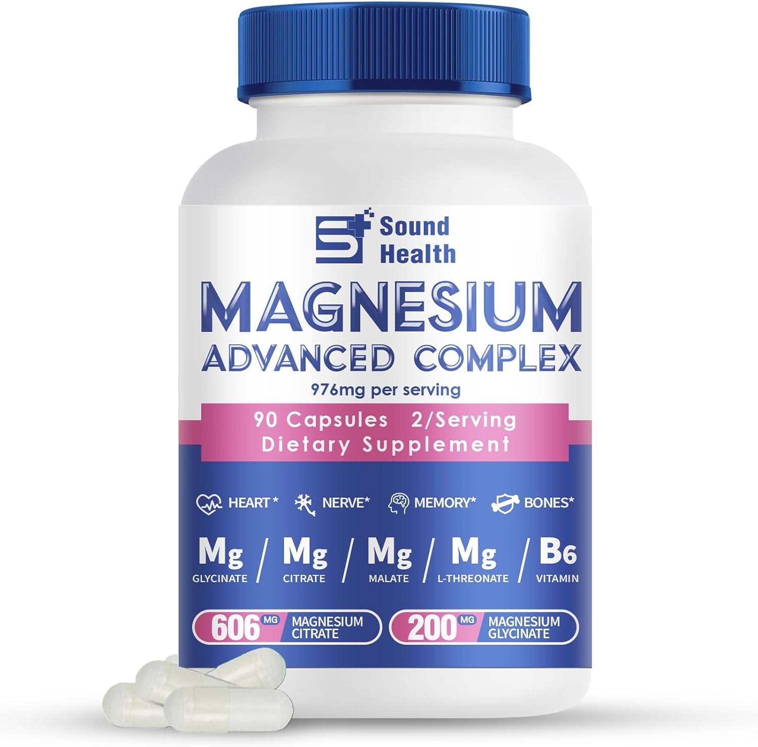 5 in 1 Magnesium Complex Capsule 976mg wtih Magnesium Glycinate, Citrate, Malate, L-Threonate & Vitamin B6, High Absorption Magnesium Complex for Women & Men, Third-Party Tested, Vegan, Non-GMO