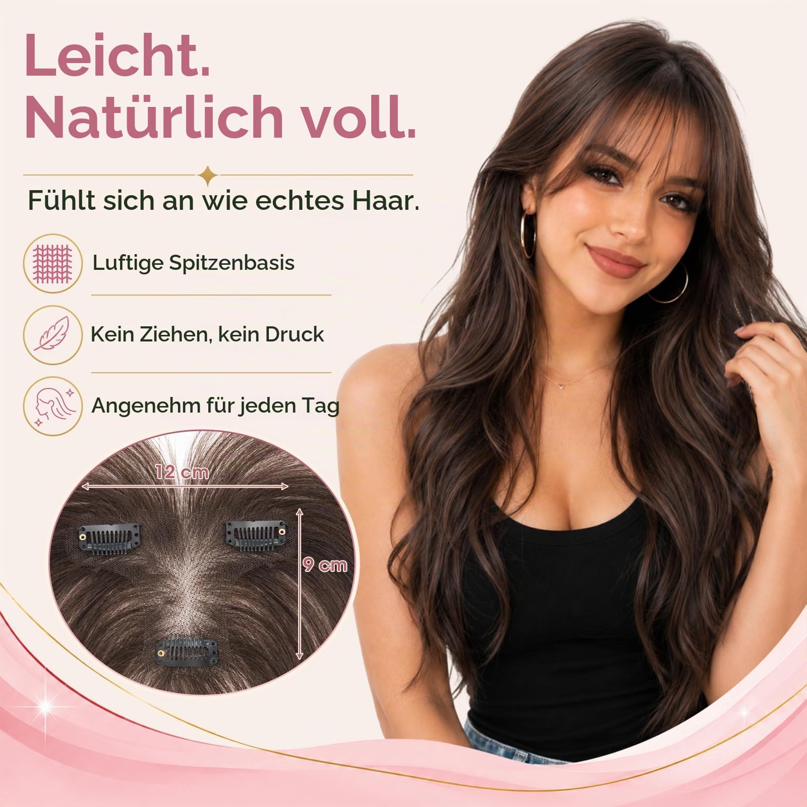 Silk-co Hair Topper Echthaar, 9x12cm handgebunden Basis Toupet Damen Braun mit Pony 27cm
