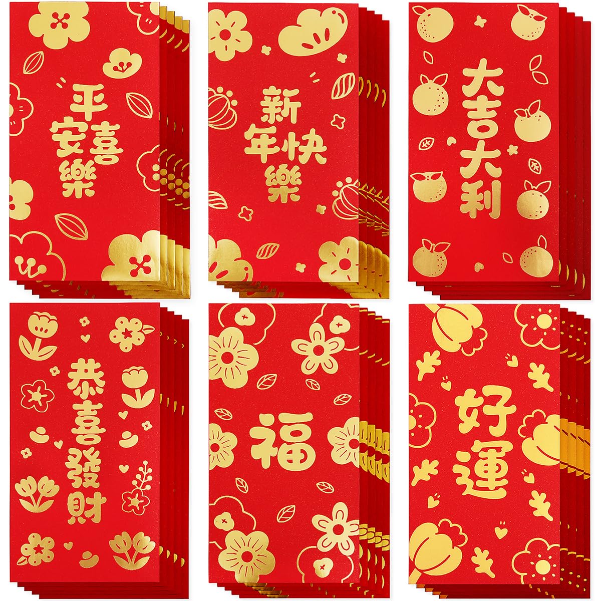 Red Envelopes Chinese New Year, 30 Pack 6 Styles Gold Foil Lucky Money Envelopes for Cash, 6.6 x 3.5inches
