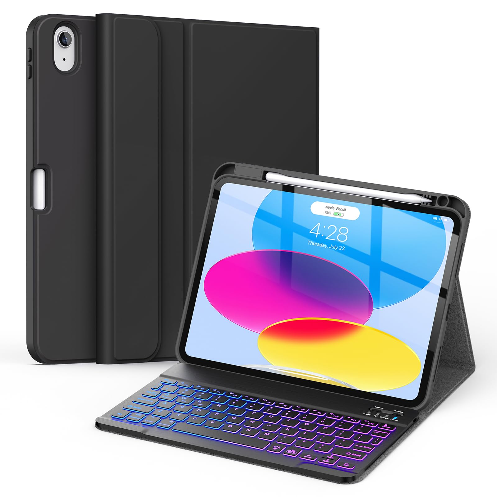 Soke for iPad (A16) 11th/10th Generation Case with Keyboard(2025/2022)-7 Color Backlight Wireless Detachable Folio Keyboard Cover with Built-in Pencil Holder for iPad 11/10.9 inch, Ebony
