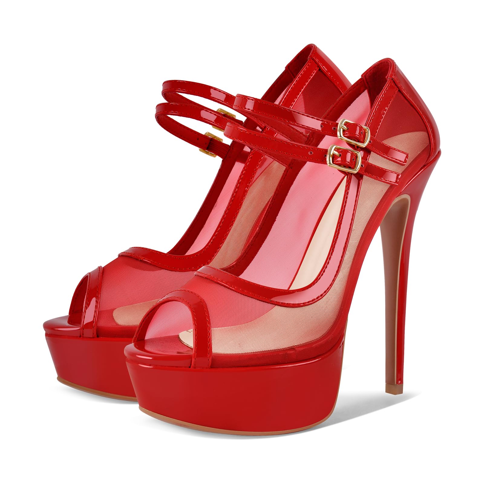 Women's Platform Sandals Mesh Ankle Strap Stiletto High Heels Open Toe Peep Toe: 8 Red