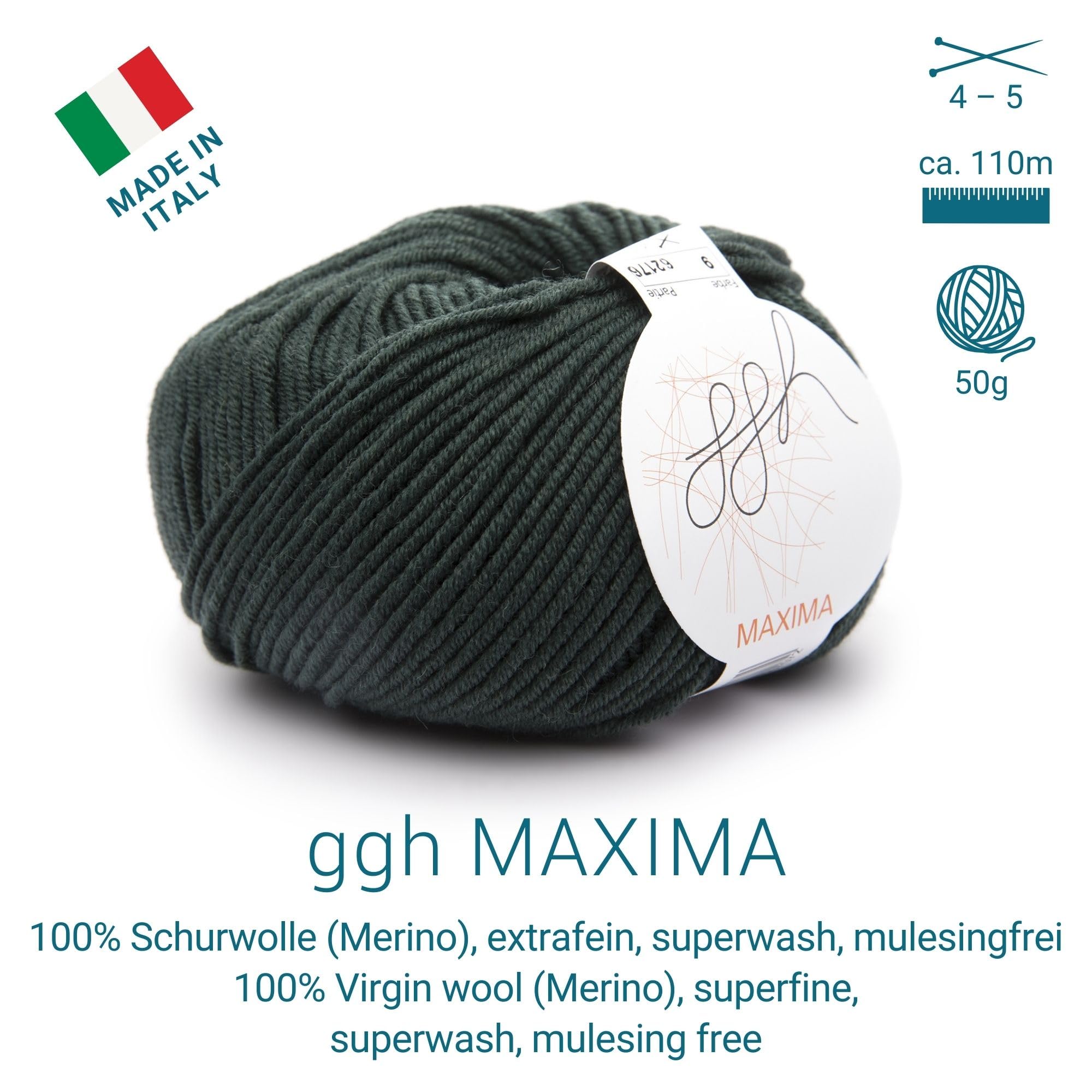 ggh Maxima Box - 6 cajas de 50 g (300 g en total), 110 m/50 g, lana de merino extrafina y lavable a máquina, grosor de aguja 4-5, color 009, pizarra verde
