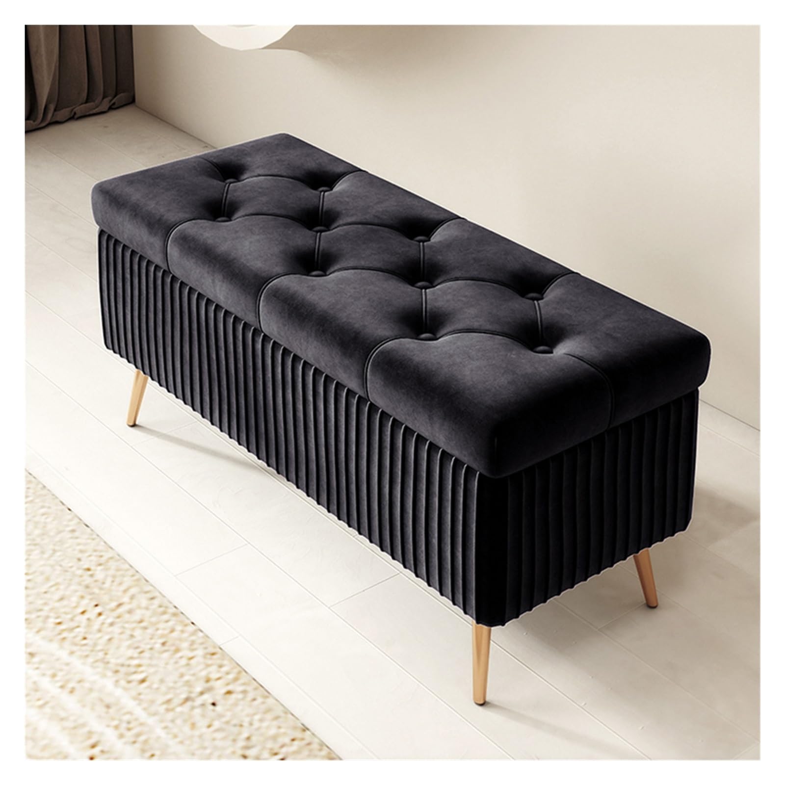 WDSOPK Velvet Storage Bench Foot Stool for Living Room,Upholstered Storage Ottoman with Golden Legs,Rectangular Storage Chest Velvet Footstool for Entryway（Black-60cm）