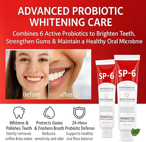 Miniatura 8 de SP6 - Pasta dental blanqueadora probiótica, paquete de 2, pasta de dientes sin flúor para dientes sensibles, elimina las manchas de café y té y