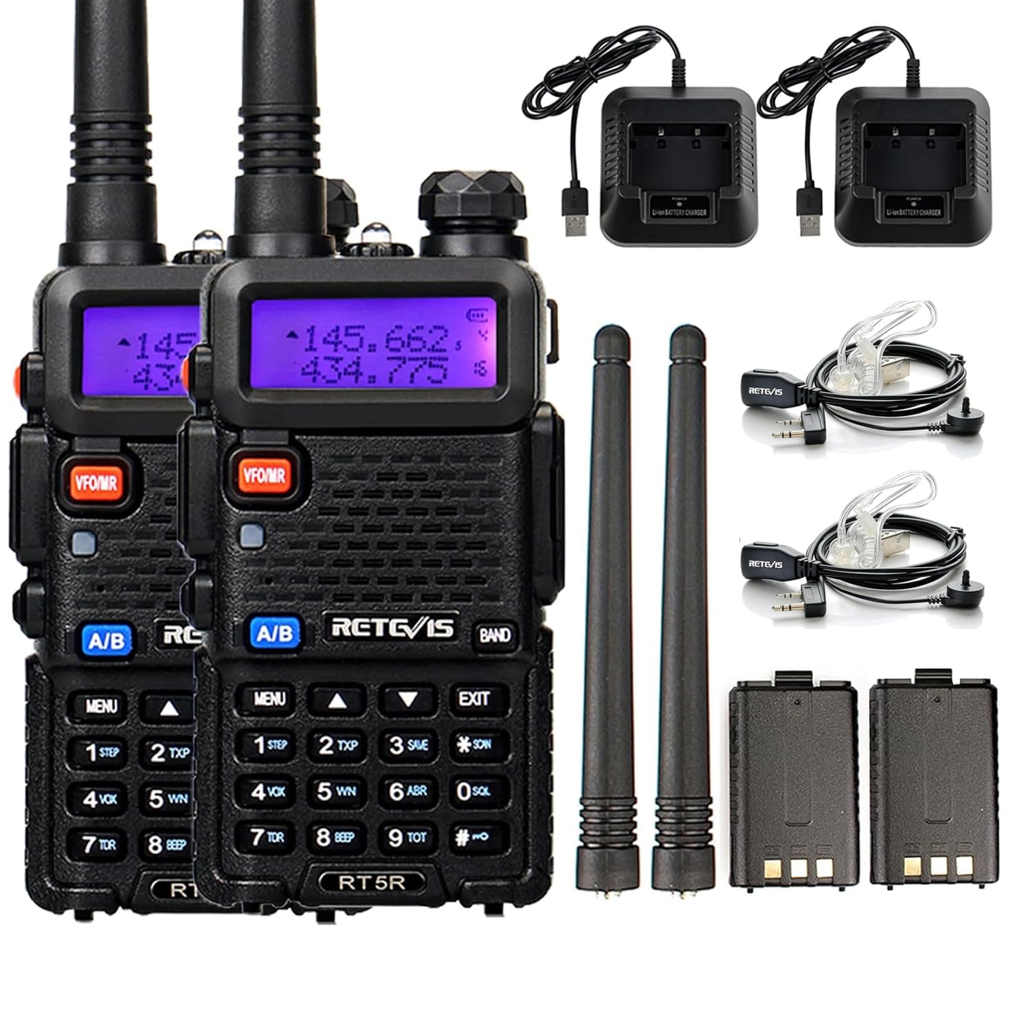 Retevis RT5R Walkie Talkie Bundle con Auricular Tubo Acústico 2 Pines, Emisora Caza 128 Canales Largo Alcance con Linterna, Type-C, FM, para Caza, Principiante, Emergencia (2 Pacs)