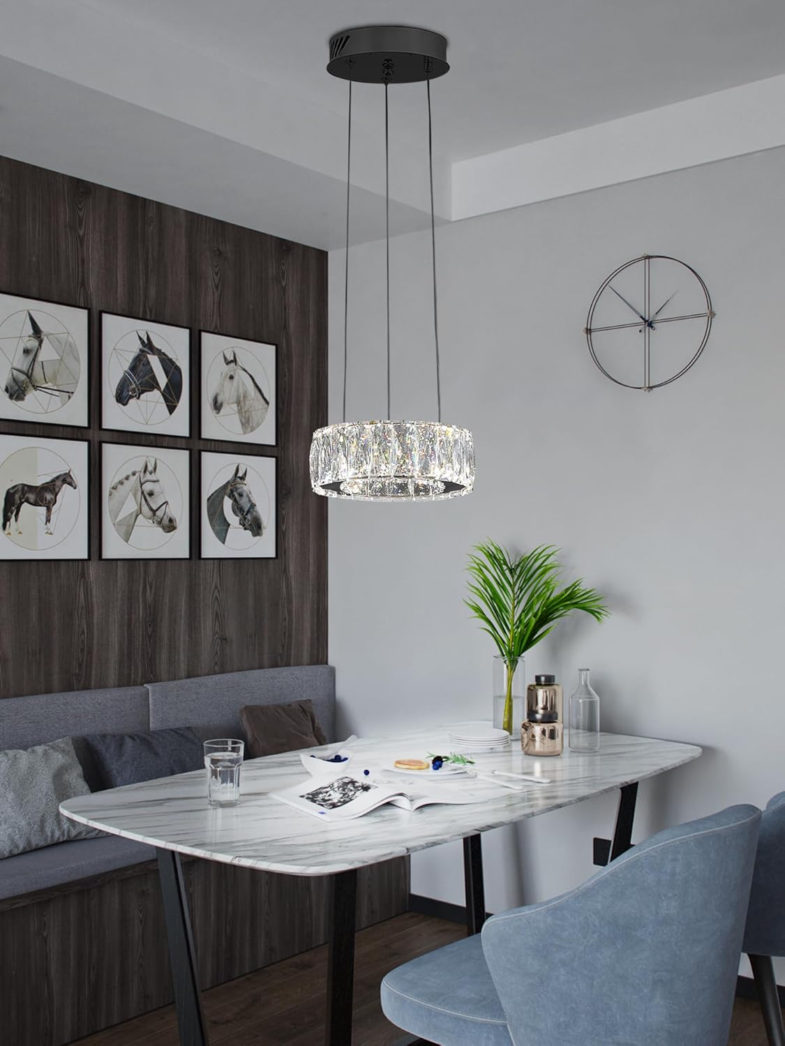 Modern LED Dimmable Crystal Chandelier 8" Ring Black Pendant Light Fixtures for Kitchen Island Dining Room Living Room
