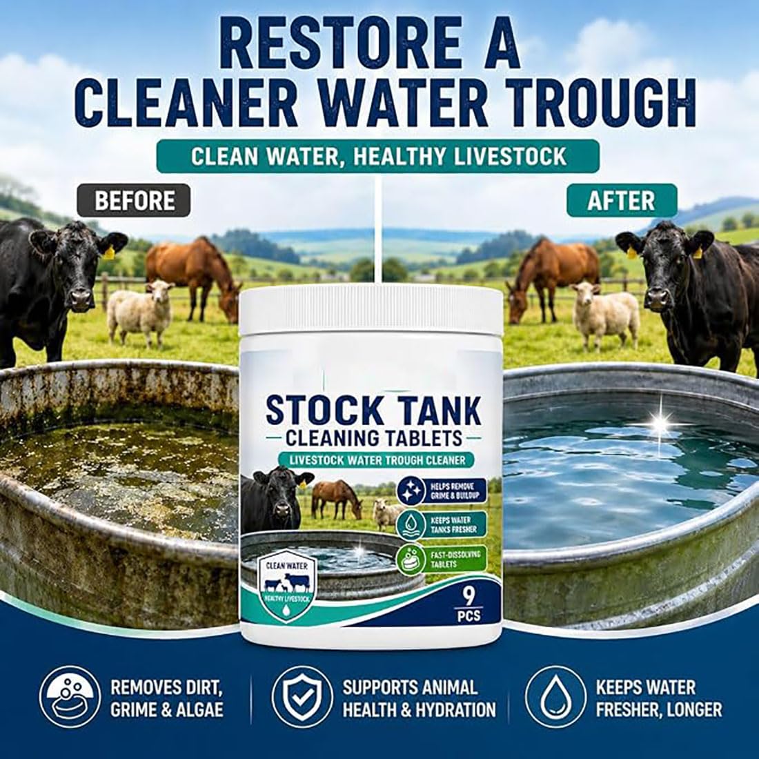 Fast-Dissolving Livestock Water Tank Cleaning Tablets, Stock Tank Care (3PCS)