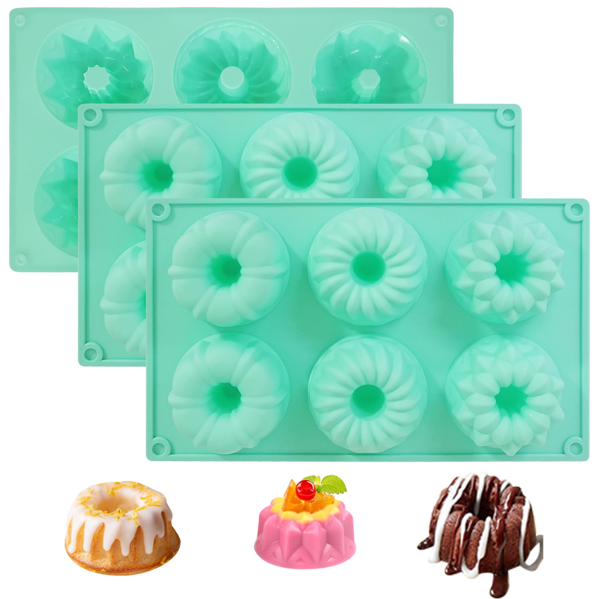 Zorazio Mini molde para tartas, 3 moldes de silicona estriados de silicona, moldes de silicona antiadherentes de 6 cavidades para hornear magdalenas, pan de maíz, brownie, gelatina
