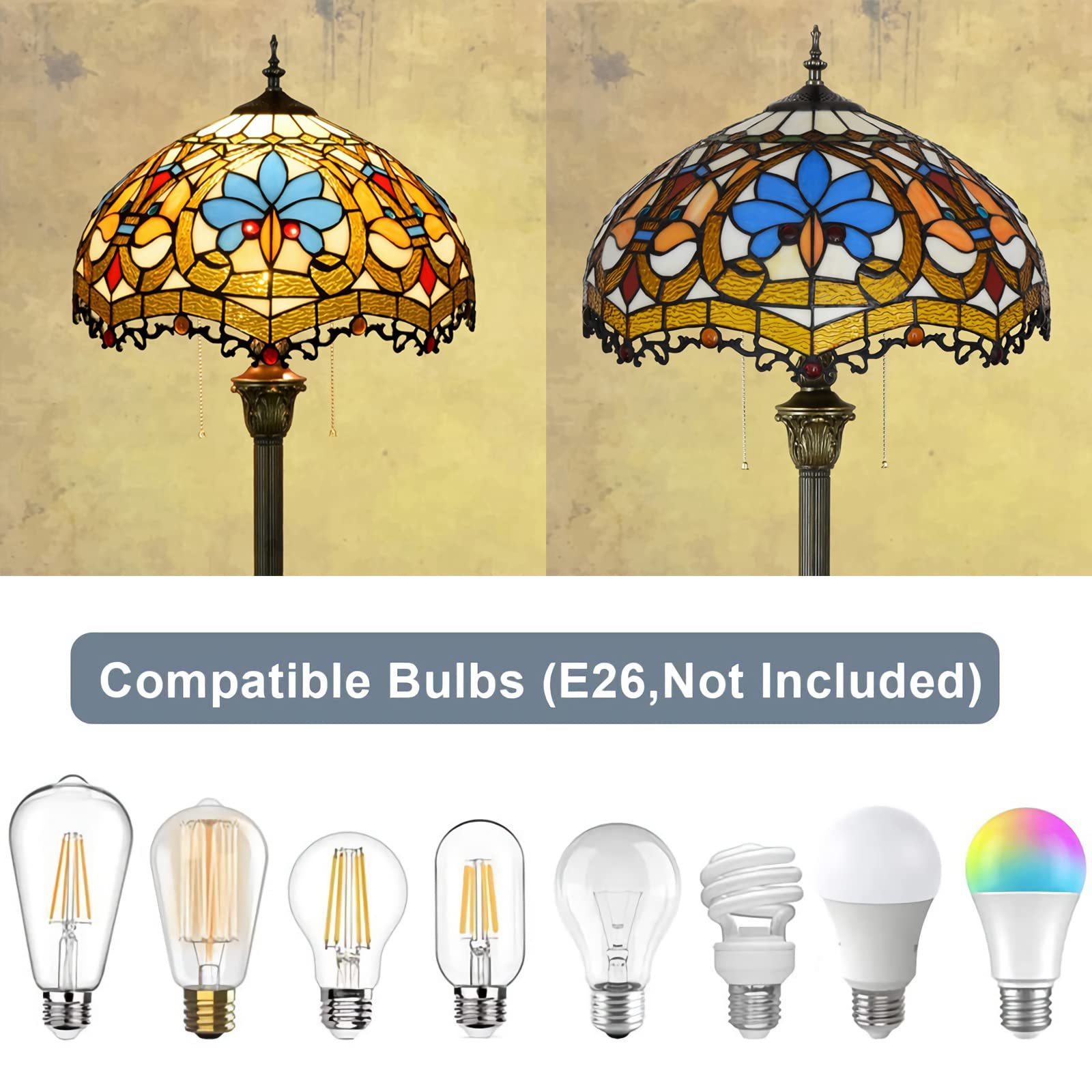 GDLight Grapes Floor Lamp Tiffany Style Vintage Pastoral Stained Glass Floor Standing Lamp With 16Inch Shade For Bedroom Living Room Reding, 63 Inch Tall