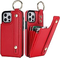 Vista 8 de Folosu Funda tipo cartera para iPhone 12/12 Pro con soporte para tarjetas, correa de mano para muñeca, soporte de bucle, bloqueo RFID, anillo