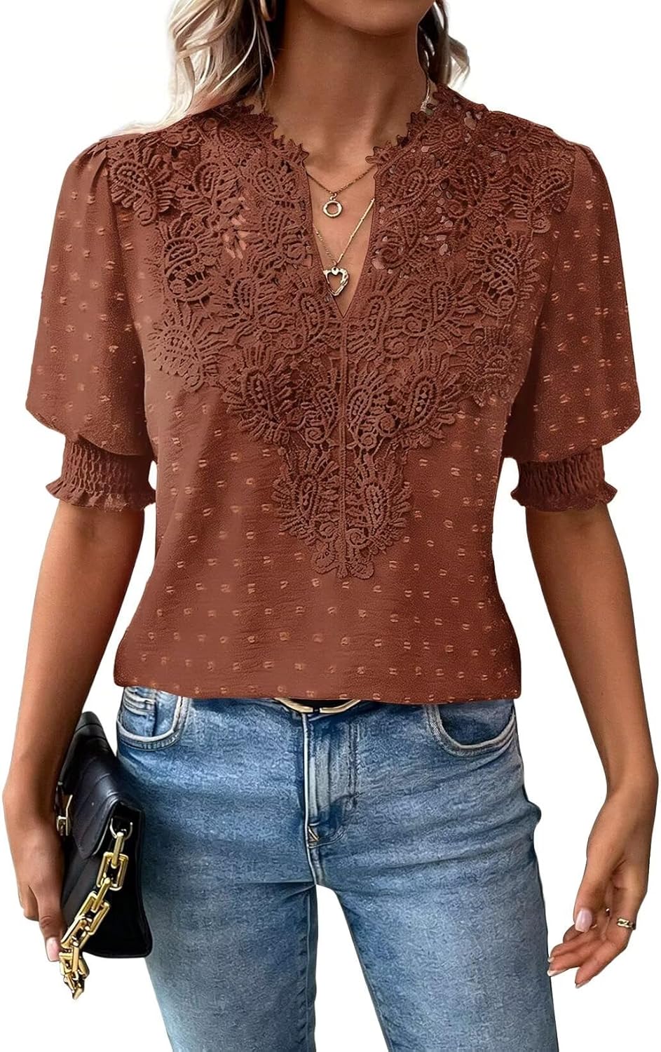 Falechay Womens Summer Tops Boho Short Sleeve Shirts V Neck Casual Chiffon Blouses Flowy Lace Hem Spring Clothing Trendy 2025