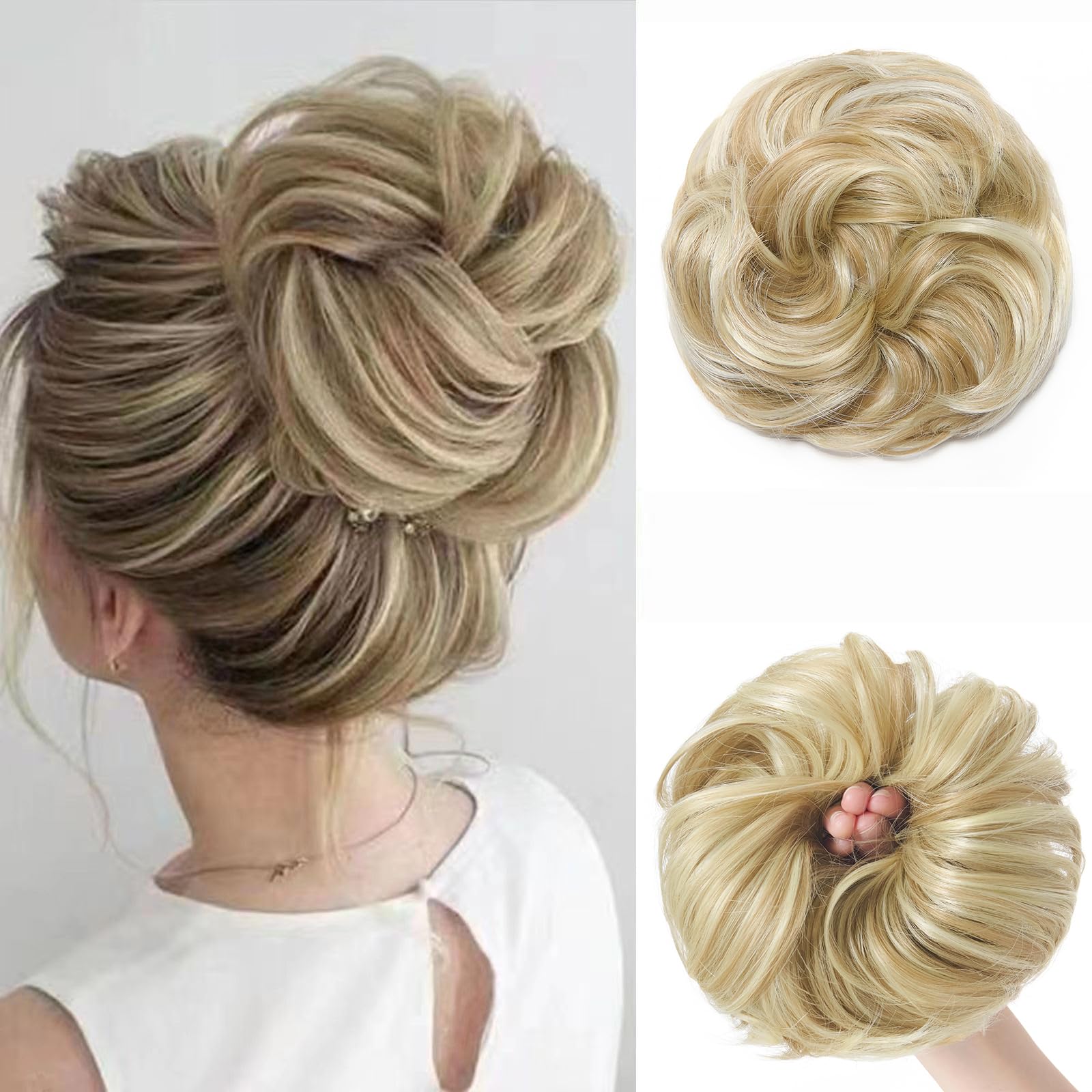 BwelsZJ Large Messy Bun Hair Piece Curly Synthetic Extensions Scrunchies Fake Chignon Updo Hairpieces for Women Dirty Blonde Highlights