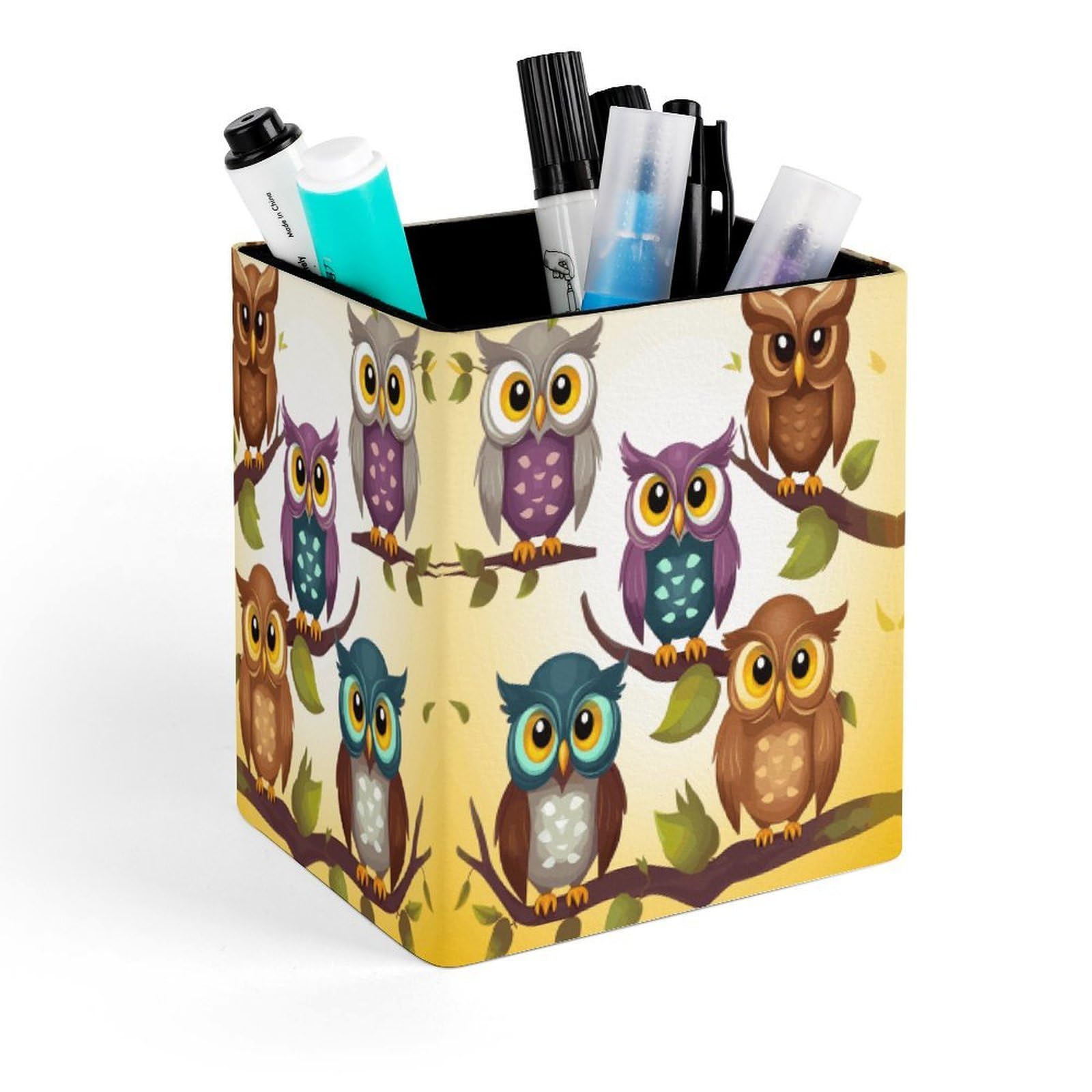 VstaDank Owls Birds Pen Holder Square Pencil Holder Leather Pencil Cup Pen Organizer Makeup Brush Holders Pen Cups Desktop Stationery Organizer for Home Office Desk Organizers
