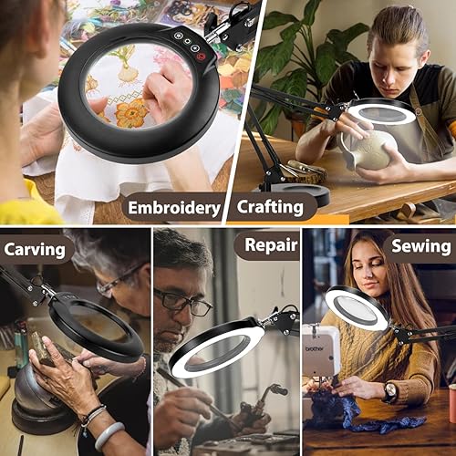 Miniatura 14 de Drdefi 12 lupas con luz y soporte, lámpara de escritorio con lupa 2 en 1, base rectangular y abrazadera, 5 modos de color regulables continuos, lupa