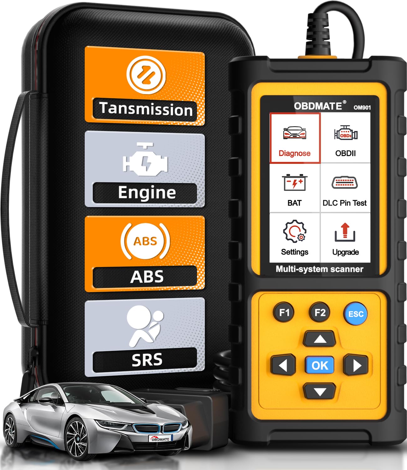 OBD2 Scanner with ABS SRS Transmission, Reset Fault Lights | Check Engine Code Reader with Full OBDII Functions | DLC Pin Test | Battery Voltage Check, Car Diagnostic Tool