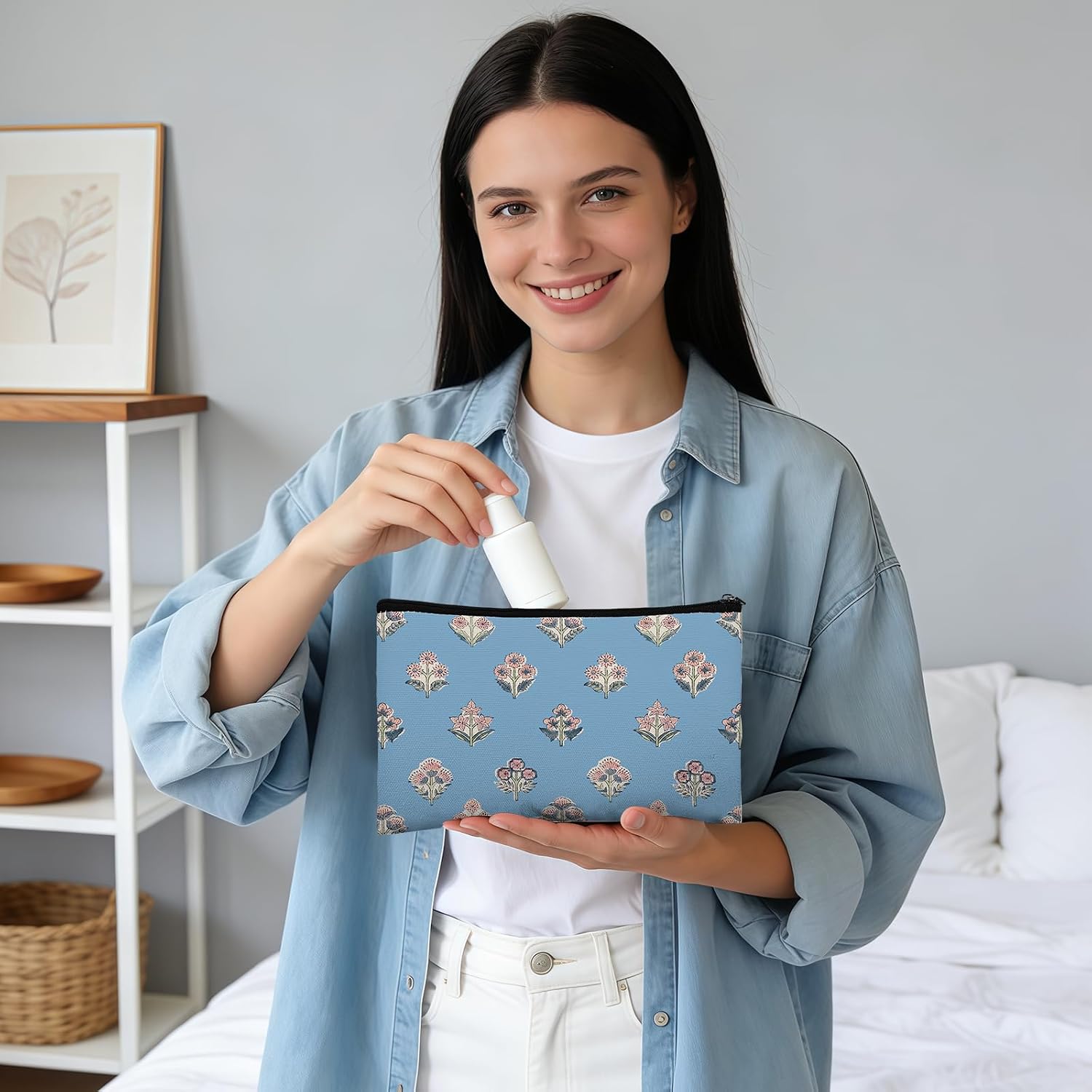 16 Pcs Grandmillennial Cosmetic Bags Bulk for Women Blue and White Floral Makeup Bags Chinoiserie Canvas Travel Zipper Pouches Toiletry Bag for Girls Bridesmaids Wedding Supplies image 5