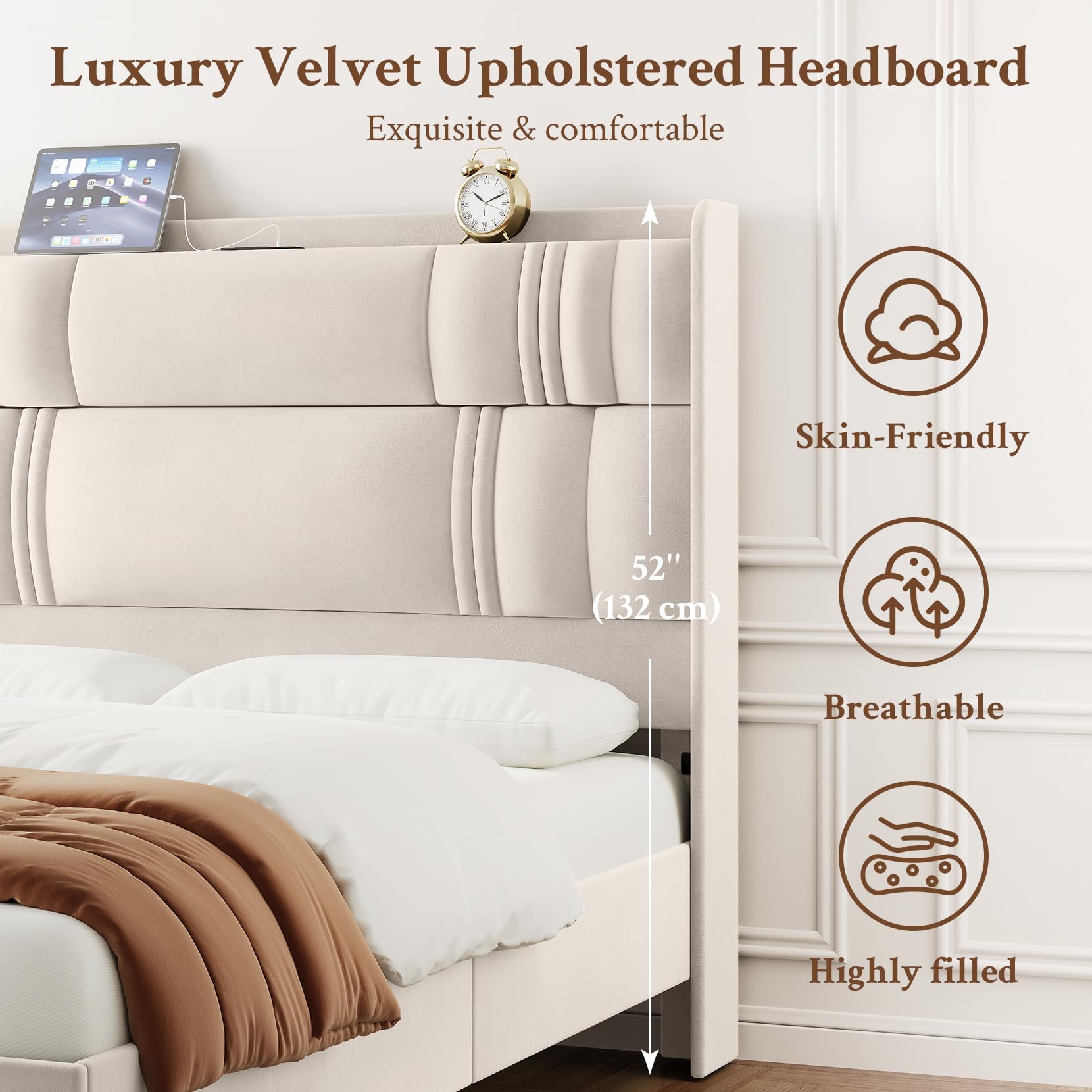 Amazon｜Welzona クイーンベッドフレーム 高さ52インチの布張りの