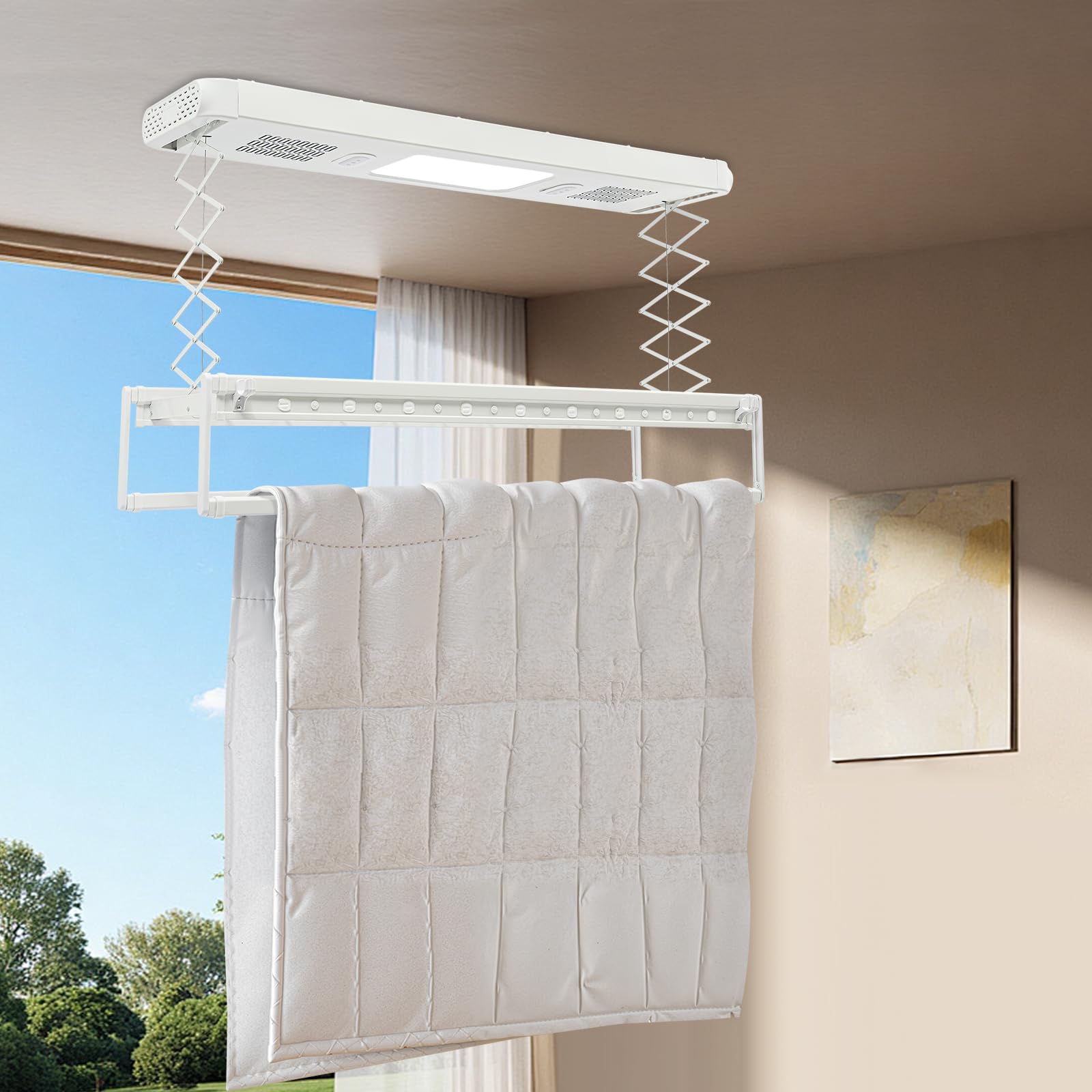 Séchoir à linge électrique de plafond avec télécommande - Lumière LED - 130-215 cm - Télescopique - Charge maximale : 35 kg - Avec ventilateur - Barre télescopique stérilisable - 220 V