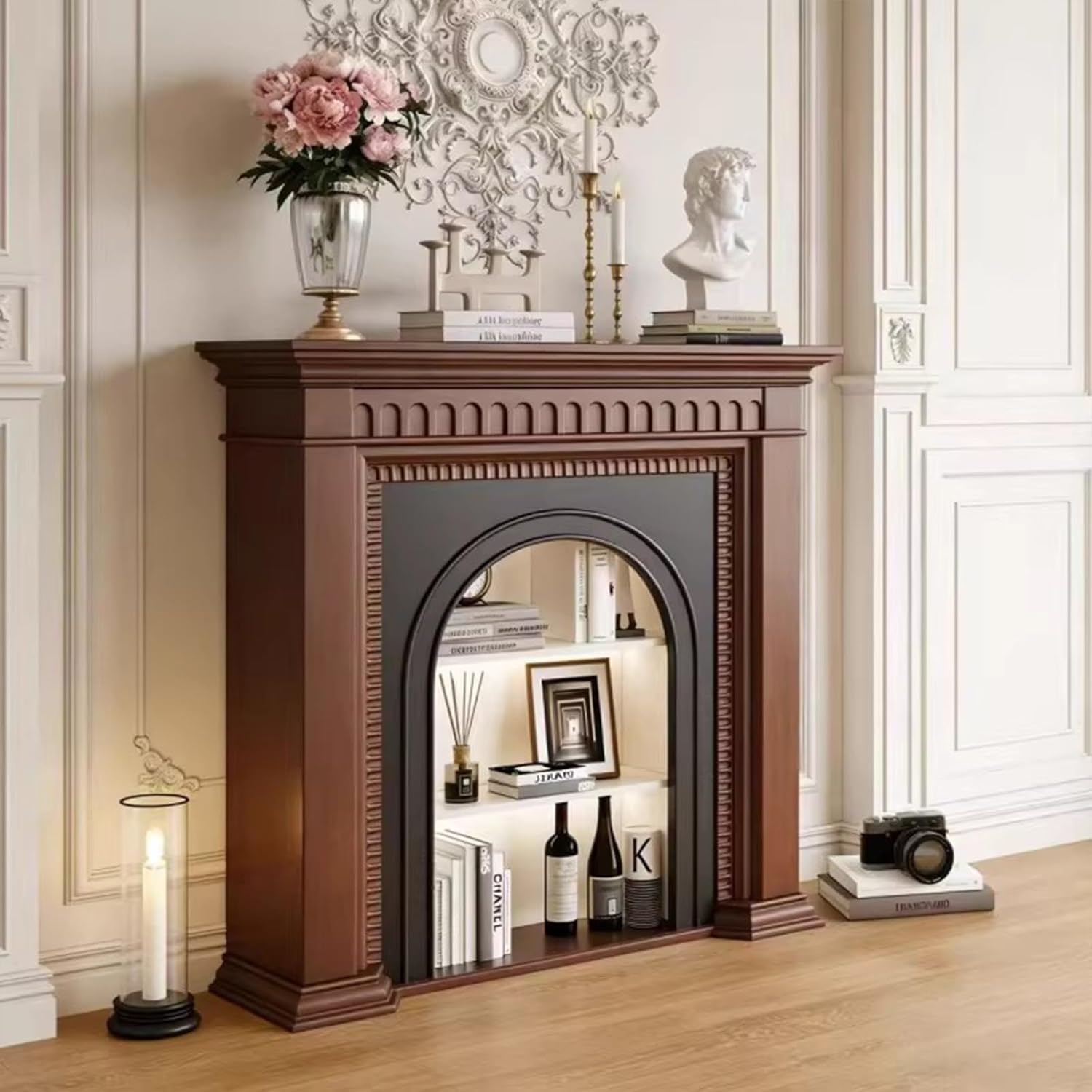 Fireplace Surround Solid Wood Arched Fireplace Mantel with Storage Classic Decorative Surround(XL)