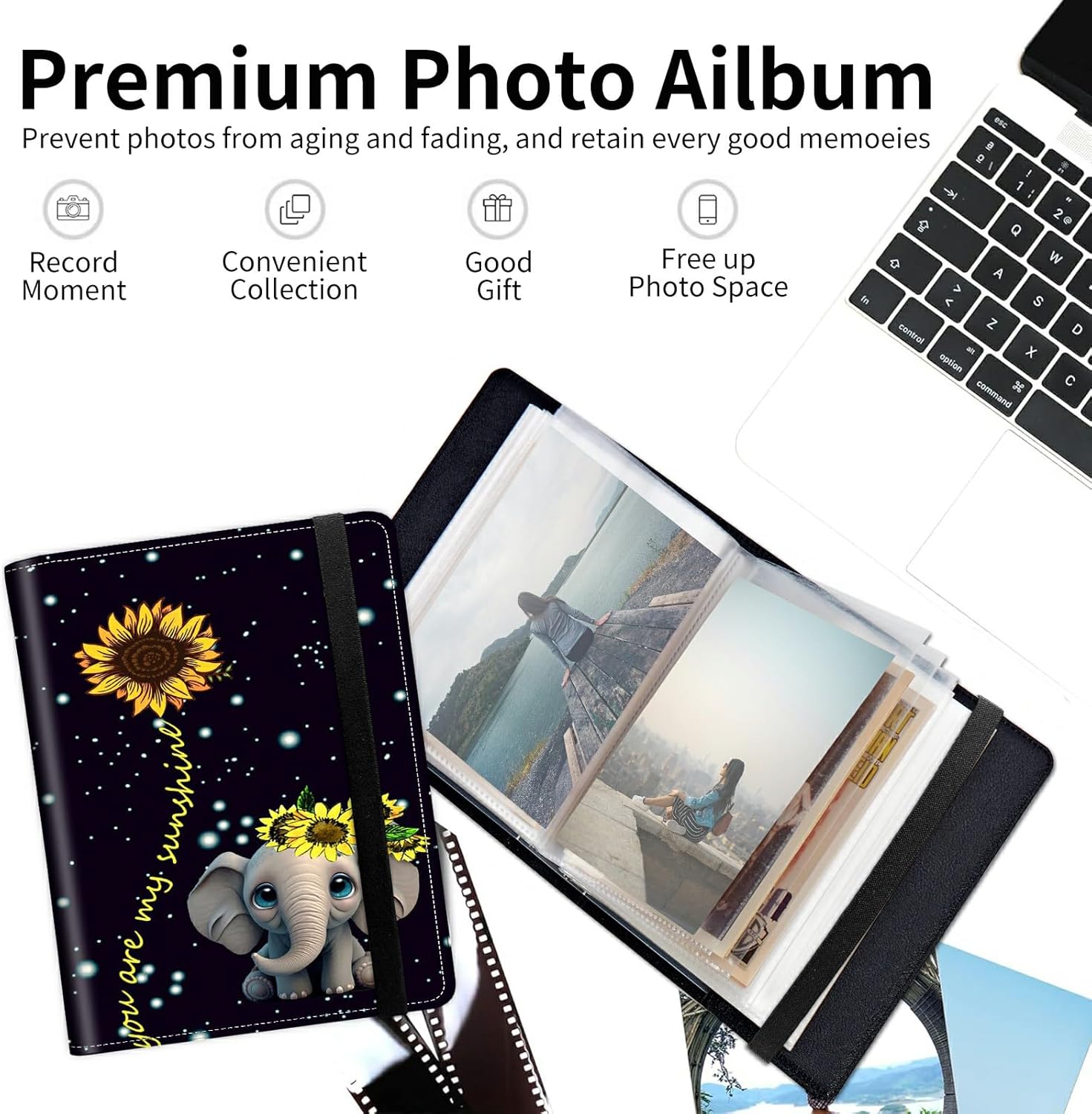 Elephant Sunflower Small Photo Album 4x6 inch PU Leather Cover Photo Albums with Elastic Band 120 Photos Inner Transparent Pockets Design for Family Anniversary Wedding Baby Pets