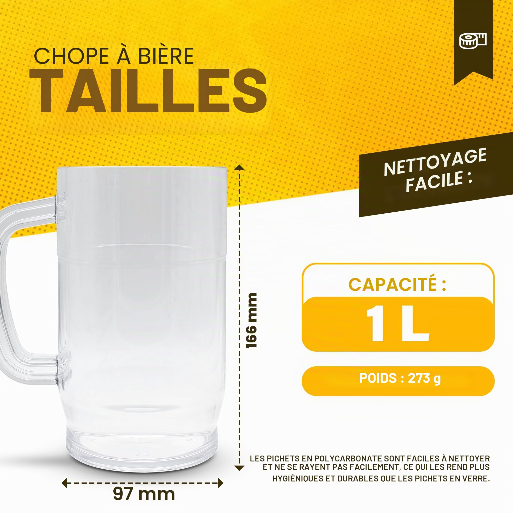 DOJA Barcelona | Chope à Bière | Pack 8 | Verre a Biere 1l | 166 X 97 X 3mm | Verre a Biere avec Anse en Polycarbonate | Chope de Biere | pour Gobelet Plastique Reutilisable, Cadeau Personnalisé,