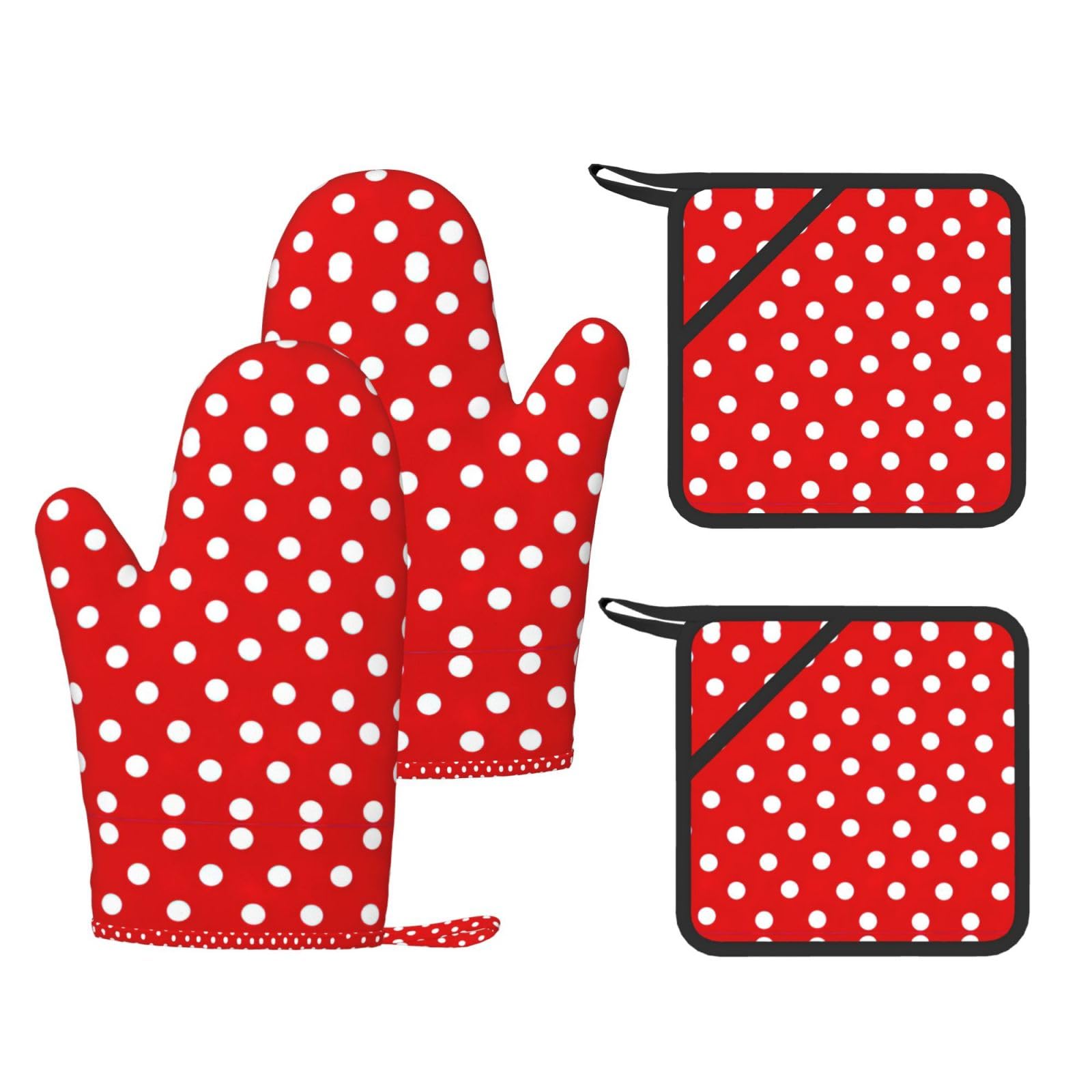 Polka Dot Printed Cooking Mitts and Pot Holders 4 Pcs, Heat Resistant Oven Gloves with Hanging Loop Chef