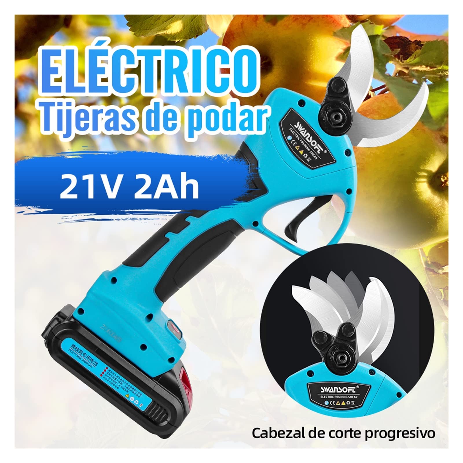 Tijeras de Podar Electricas, Tijeras de jardín, podadora eléctrica inalámbrica, 88VF, 21V, 40mm, podadora eléctrica, batería Recargable, Tijeras de podar, Cortador de jardín(WS-8605 40MM)