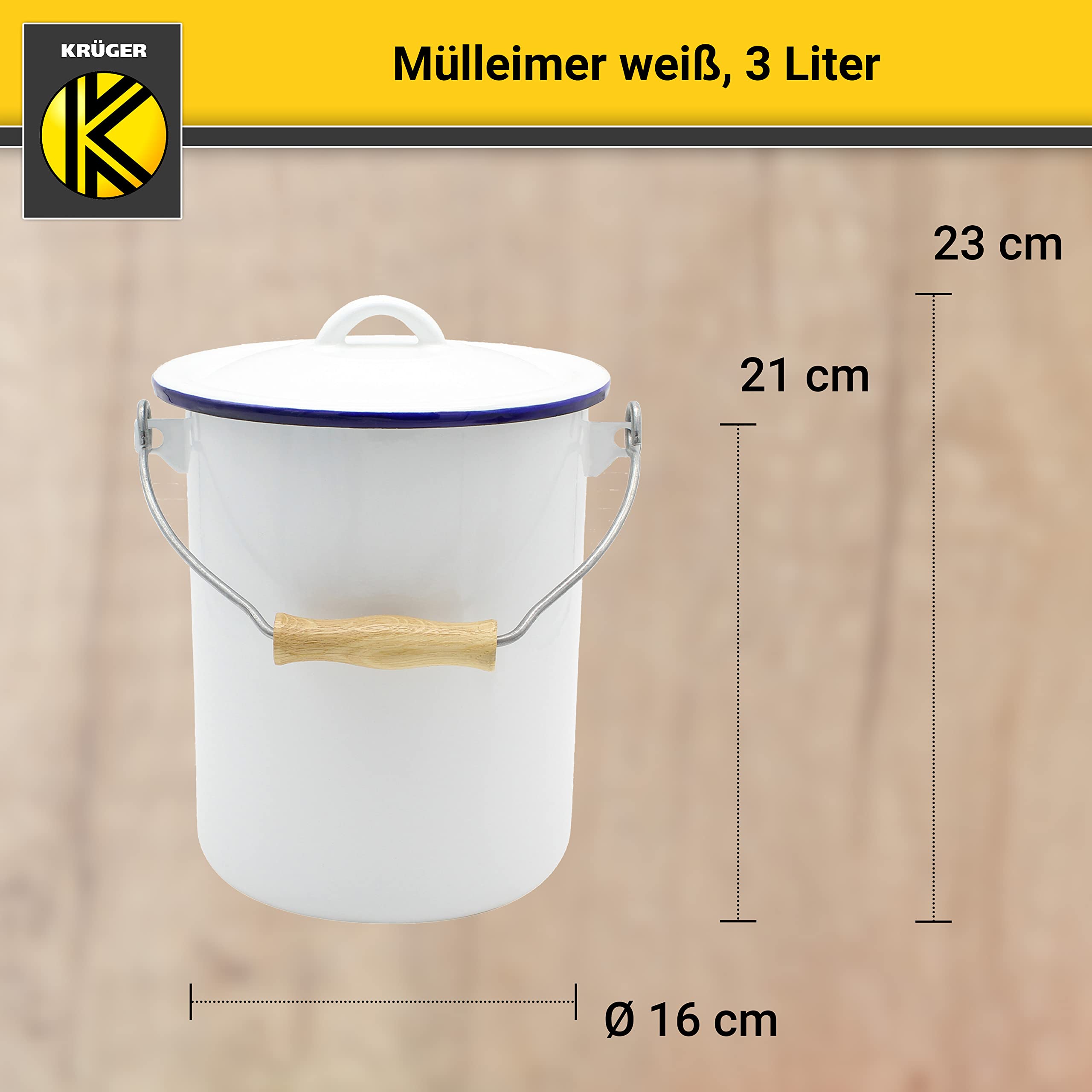 KRÜGER Mülleimer mit Deckel - Stahl Abfalleimer mit Emaille-Beschichtung und Holzgriff - schnitt- und kratzfeste Oberfläche - langlebig und vielseitig einsetzbar (3 Liter, weiß)