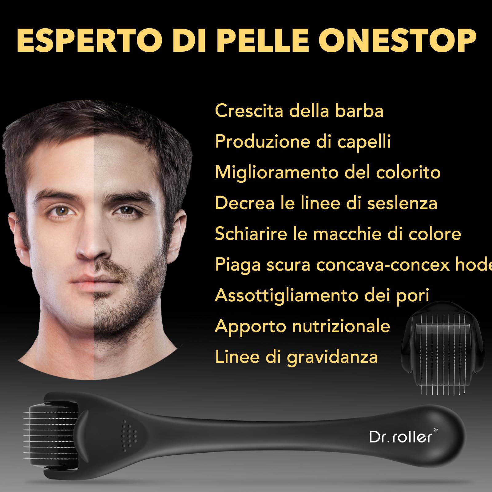 Derma Roller, Microneedling, 1 mm Derma Roller Capelli Viso Uomo e Donna, Microneedle Beard Roller 540 Ago di Titanio